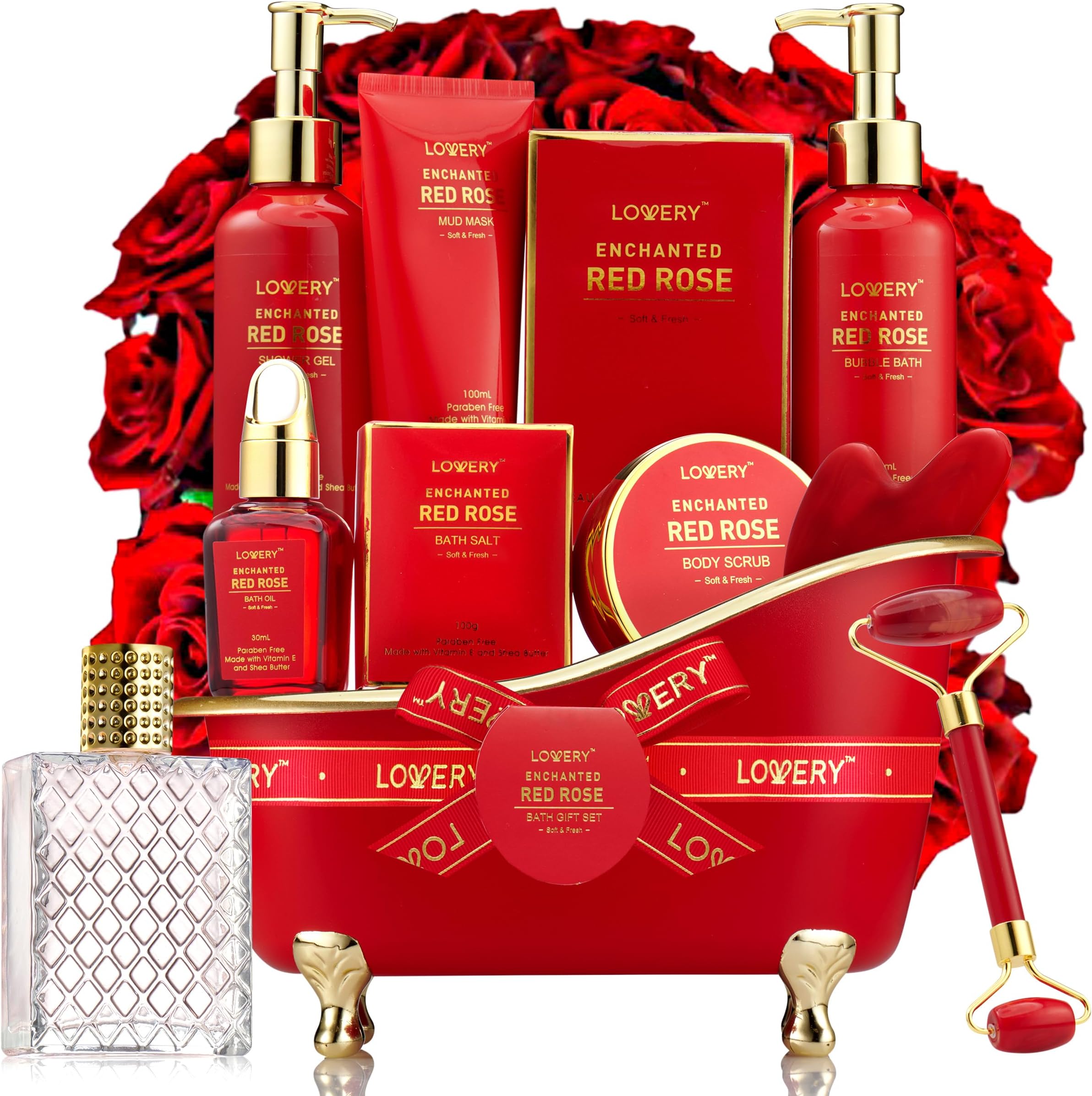 - Mothers Day Gifts, Spa Gifts for Women, Bath and Body Gift Set, Red Rose Gift Basket Relaxation, Pampering, Thank You, Birthday Gifts for Mom Her with Perfume, Jade Roller, Quartz Gua Sha Stone & More