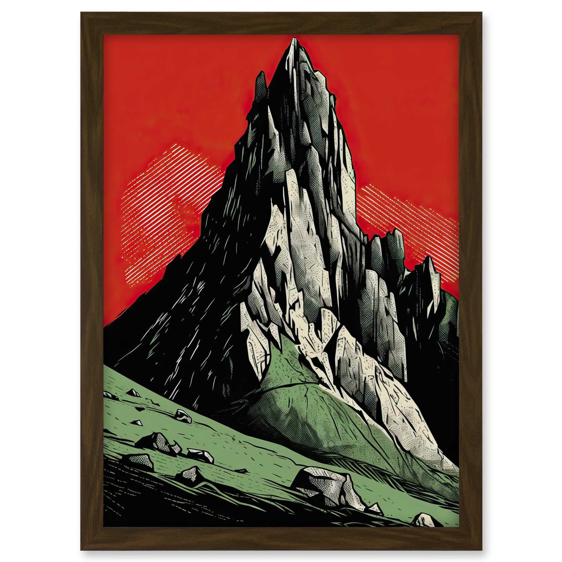Artery8 Tryfan Mountain Peak Bold Linocut Illustration Artwork Framed A3 Wall Art Print