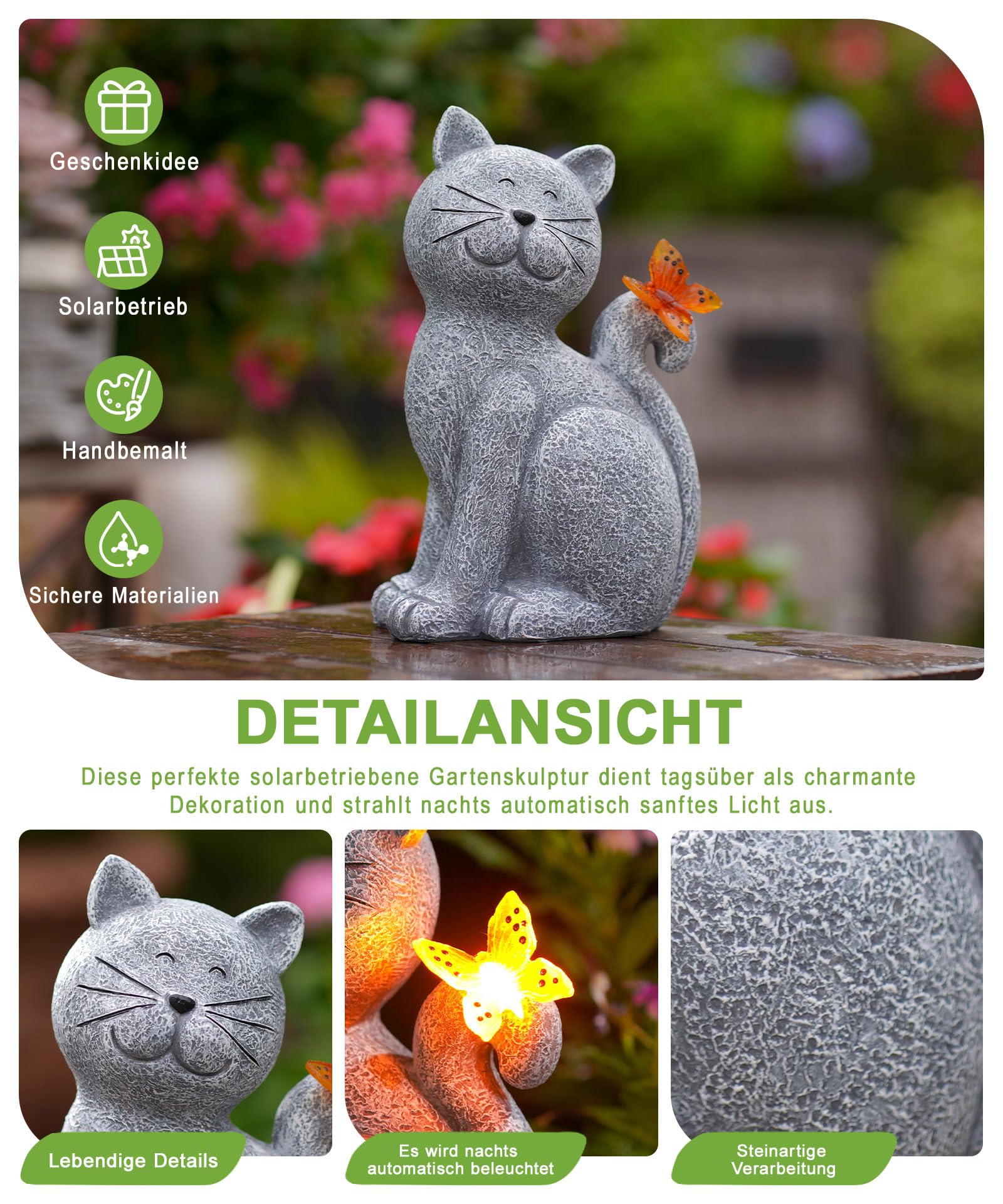 Yeomoo Katzen Figuren mit Solar Schmetterling Deko Wohnzimmer Gartendeko für draußen: Lustig katze Geschenk für Frauen Mama Geburtstagsgeschenk Gartenfiguren Wasserdicht Zimmer Garten Balkon Deko Grau