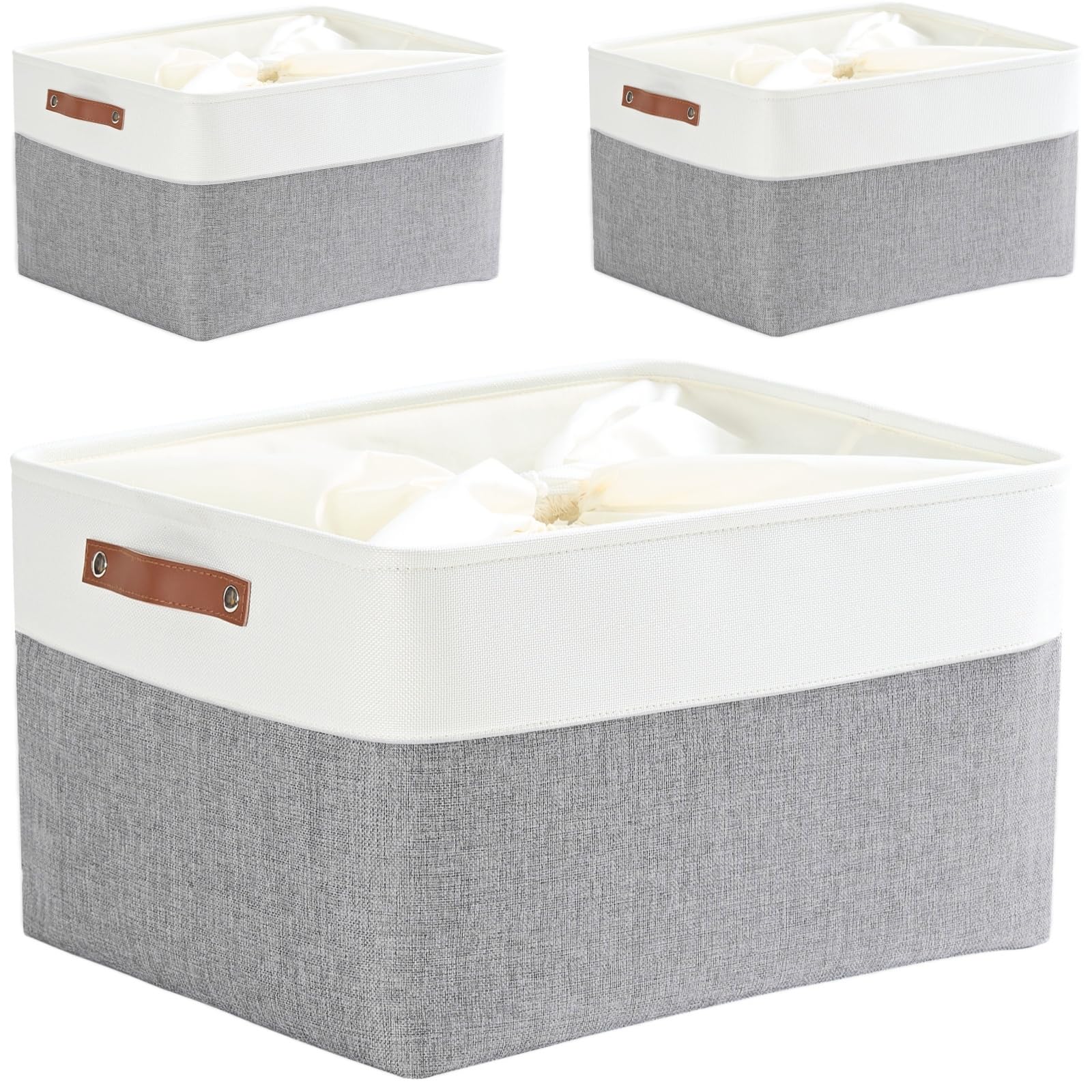 Mangata Jumbo Fabirc Storage Box,[3 Pack] Foldable Thickened Storage Basket with Handles for Shelves Clothes(XXL, Grey/White)