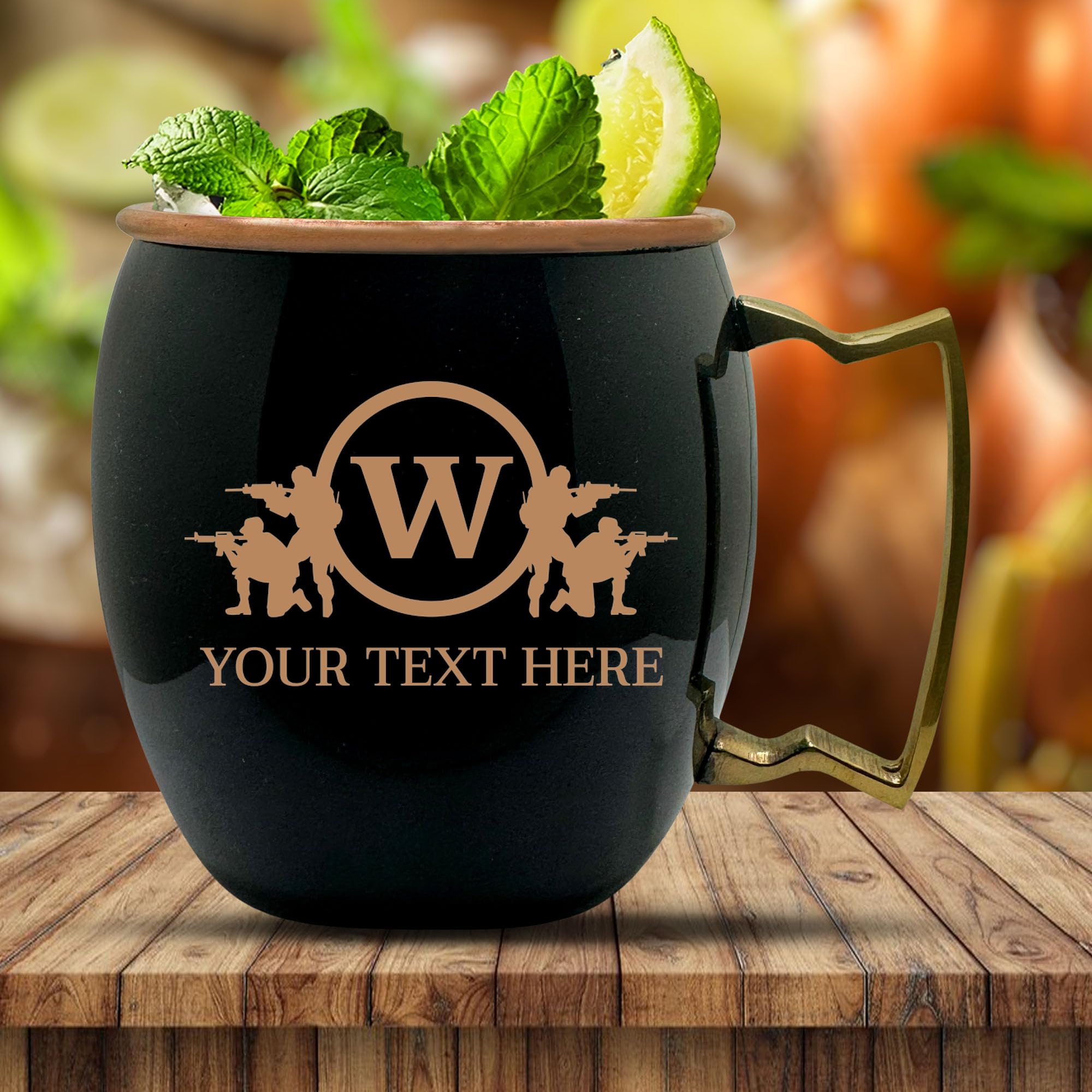 Custom Copper Moscow Mule with Smooth Painted Finish - Engraved Bar Style 100% Copper Cup with Personalized Soldier Circle Frame Monogram Gamer Themed Engraving, Brass Handle | 18 oz, Black
