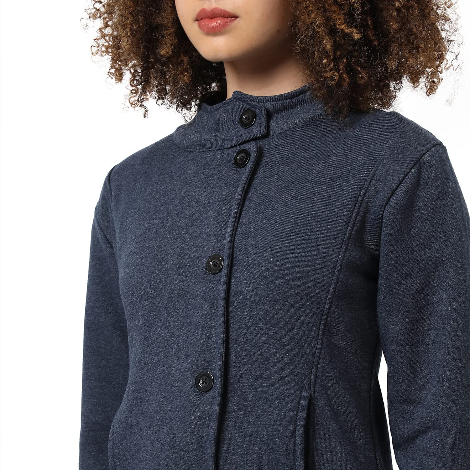 PINACOLADA Women's Prussian Blue Single-Breasted Jacket With Insert Pocket For Casual Wear | High Neck | Long Sleeve | Button Closure | Cotton Jacket Crafted With Comfort Fit For Everyday Wear 3