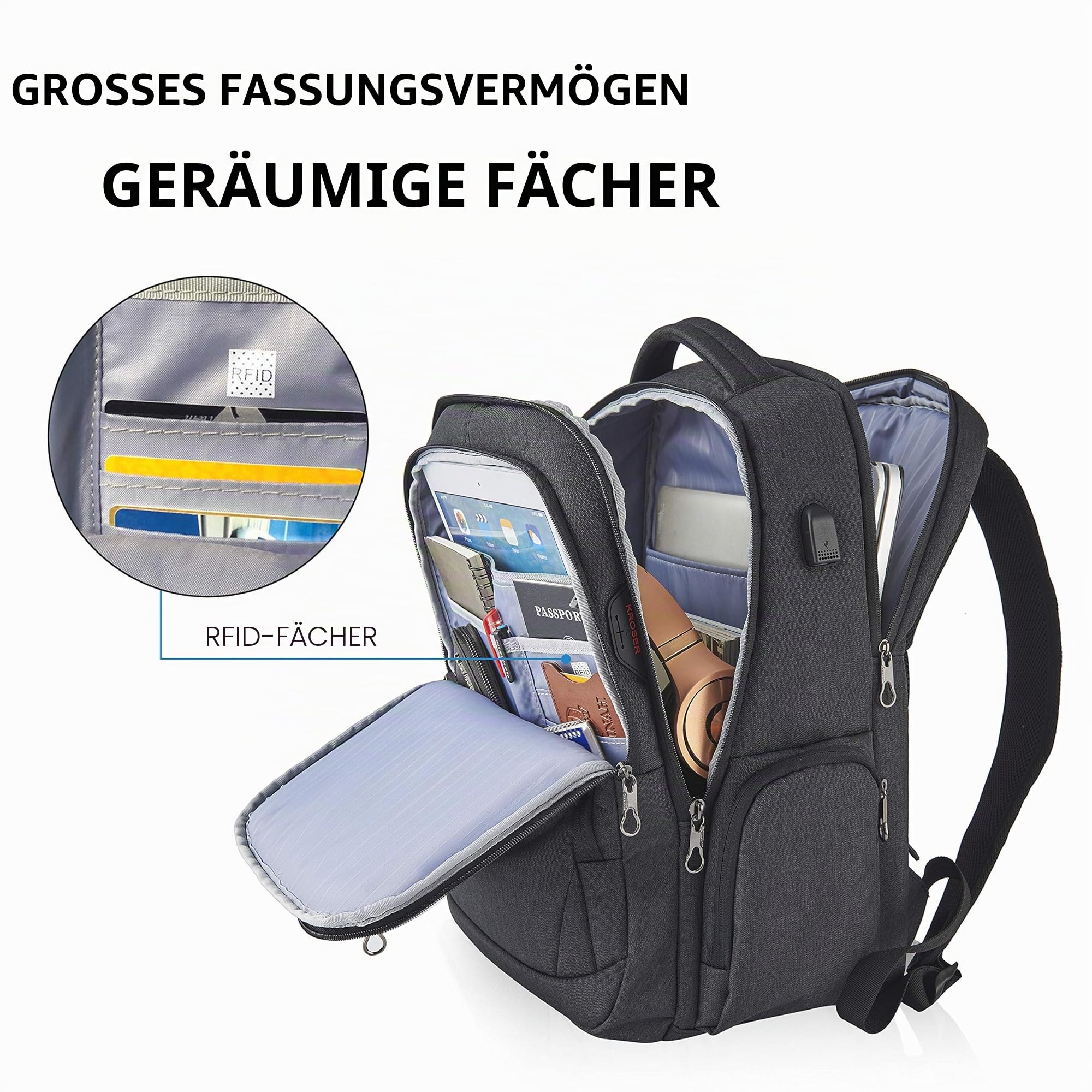 KROSER Laptop Rucksack 17-17,3'' Business Rucksack Schulrucksack