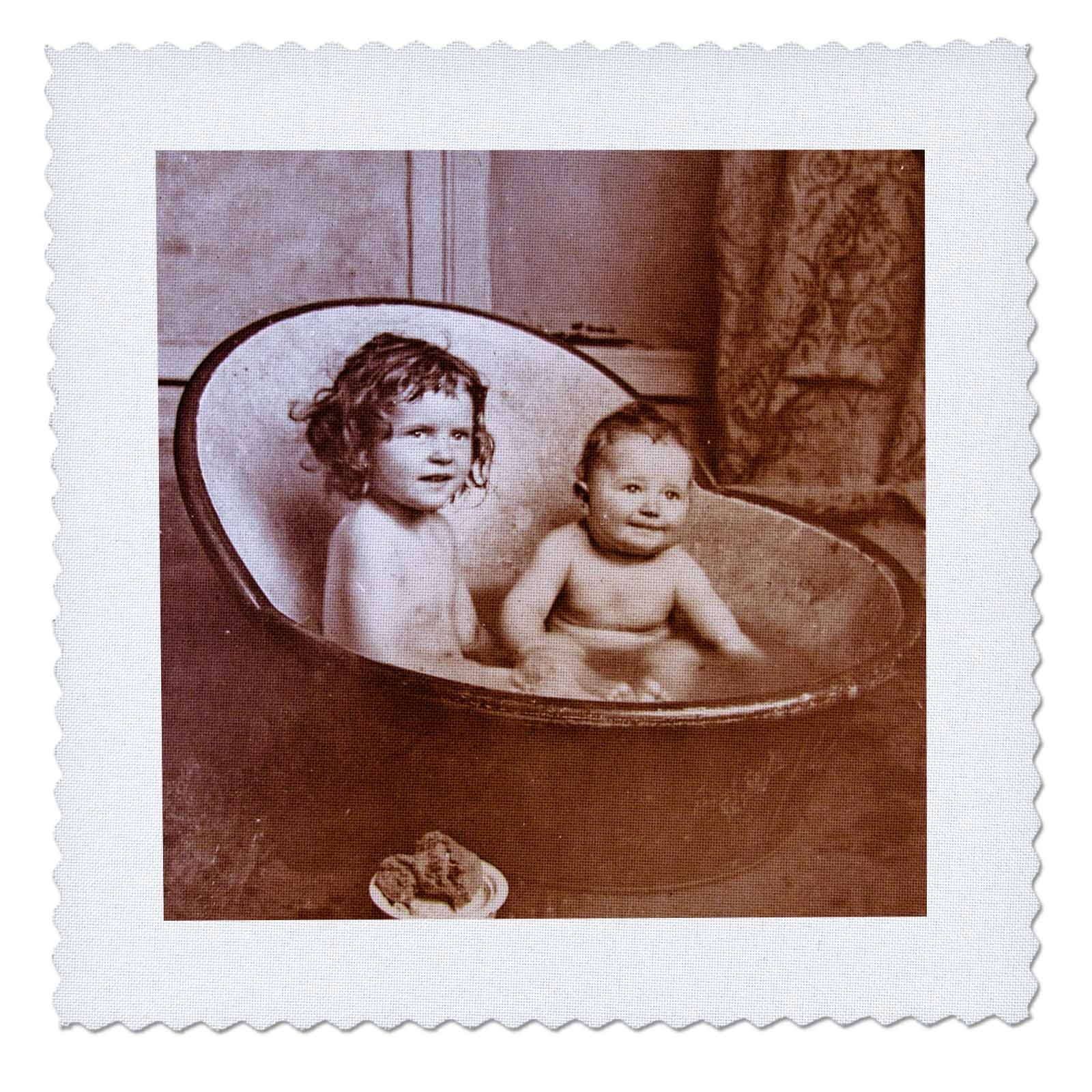 3D Rose Vintage Photo of Adorable Children Sharing A Bath Square Quilt, 6 x 6