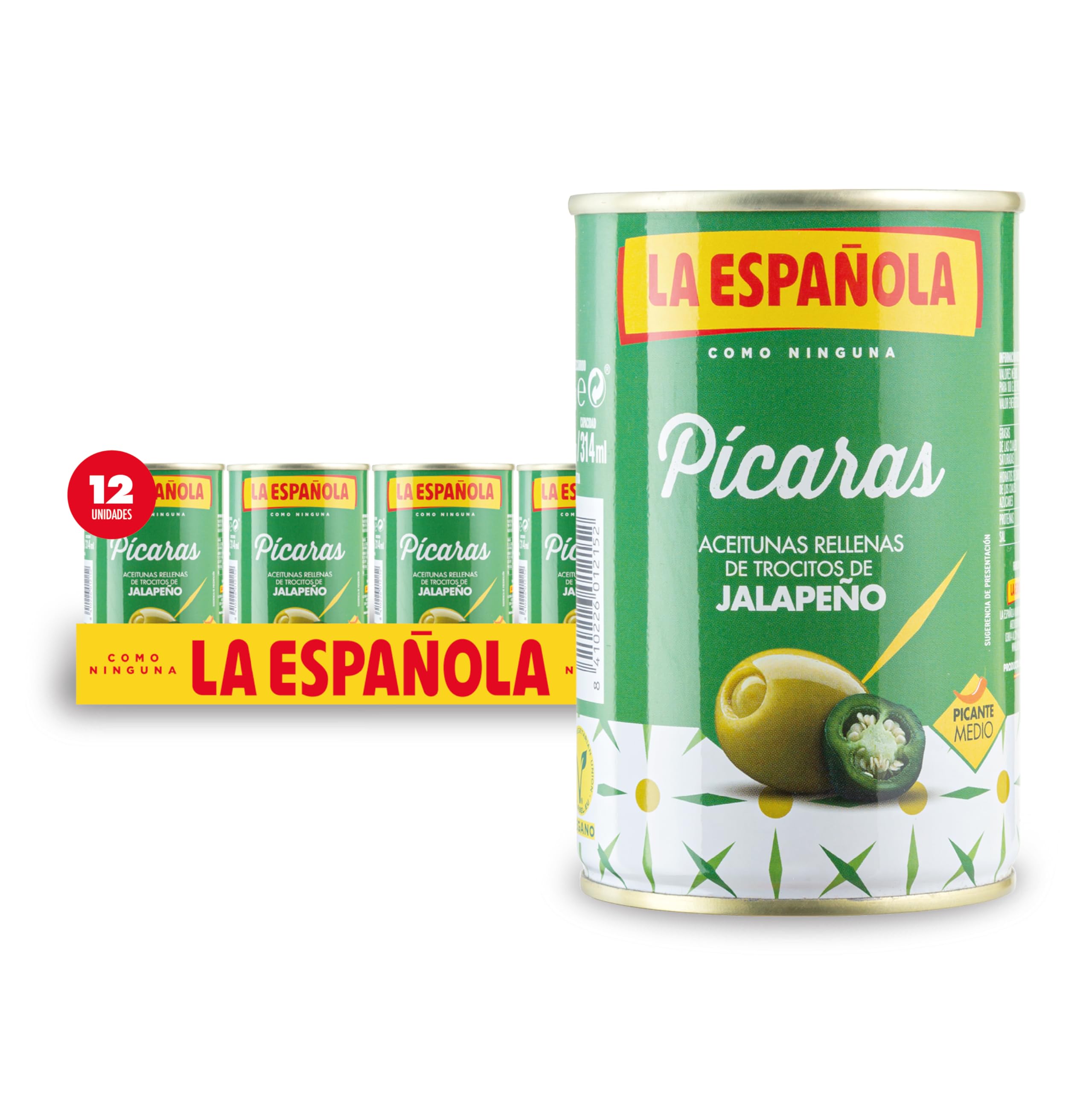 La Española Aceitunas Rellenas de Jalapeños Picante Medio Sin Gluten Pack 12