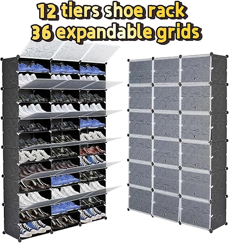 Miniatura 7 de Zapatero de 12 niveles, hasta 72 pares con cubierta, zapatero expandible de 36 rejillas, organizador portátil para tacones, botas, pantuflas, uso