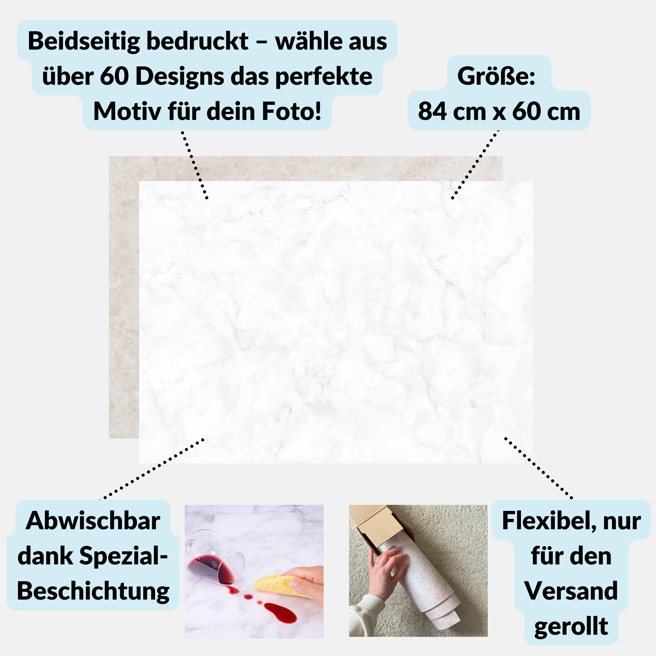 Lens-Aid Flatlay Hintergrund 5er Set Holzoptik, Fotohintergrund 84 x 60 cm | 10 Motive, beidseitig bedruckt, abwischbar, seidenmattes Finish, Made in Germany