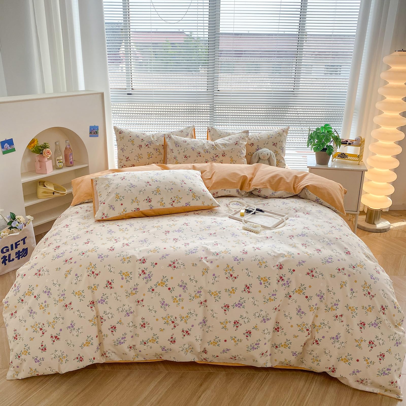 DREAMINGO Twin Floral Duvet Cover Set Vintage Cottagecore Bedding Set Reversible Orange Cute Style Cotton Comforter with Zipper Closure, 3 Piece, Includes 1 Duvet Cover & 2 Pillowcases โ image 1