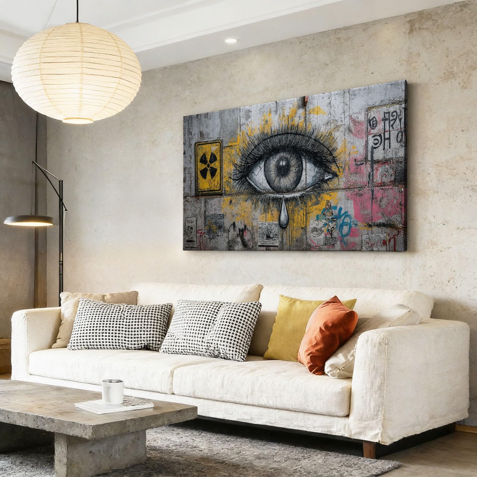 Graffiti Eye Canvas Wall Art, stampe su tela retrò City Street per soggiorno, camera da letto, ufficio, grigio impermeabile immagini da parete per bagno, 99 x 50 cm, senza cornice