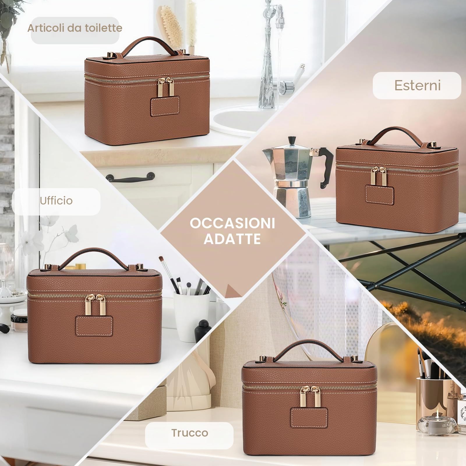 HiTotes, trousse per trucchi, borsa da viaggio in pelle per articoli da toeletta, organizer per trucchi con divisore rimovibile per uso quotidiano, 02-marrone, 21.5cm