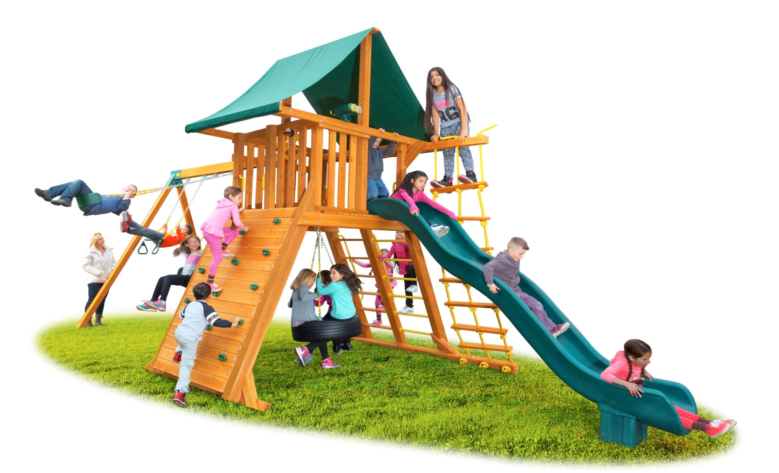 Extreme Swing Set - Solid Cedar Jungle Gym | Large Tower, Rock Climbing Wall, Wave Slide, Tire Swing, Swings Accessories | 26’ x 12’ Kids Playhouse | Easy Assembly and Pre-Assembled Components (#1)