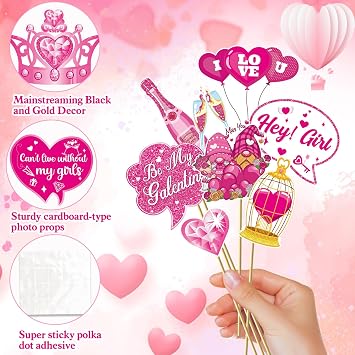 HOWAF Glitter Galentiness Day Photo Booth Props Kit, 1 Happy Galentines Day Photo Booth Frame with 30pcs Galentines Day Selfie Props Kit, Girls Valentines Day Party Decorations Photo Props