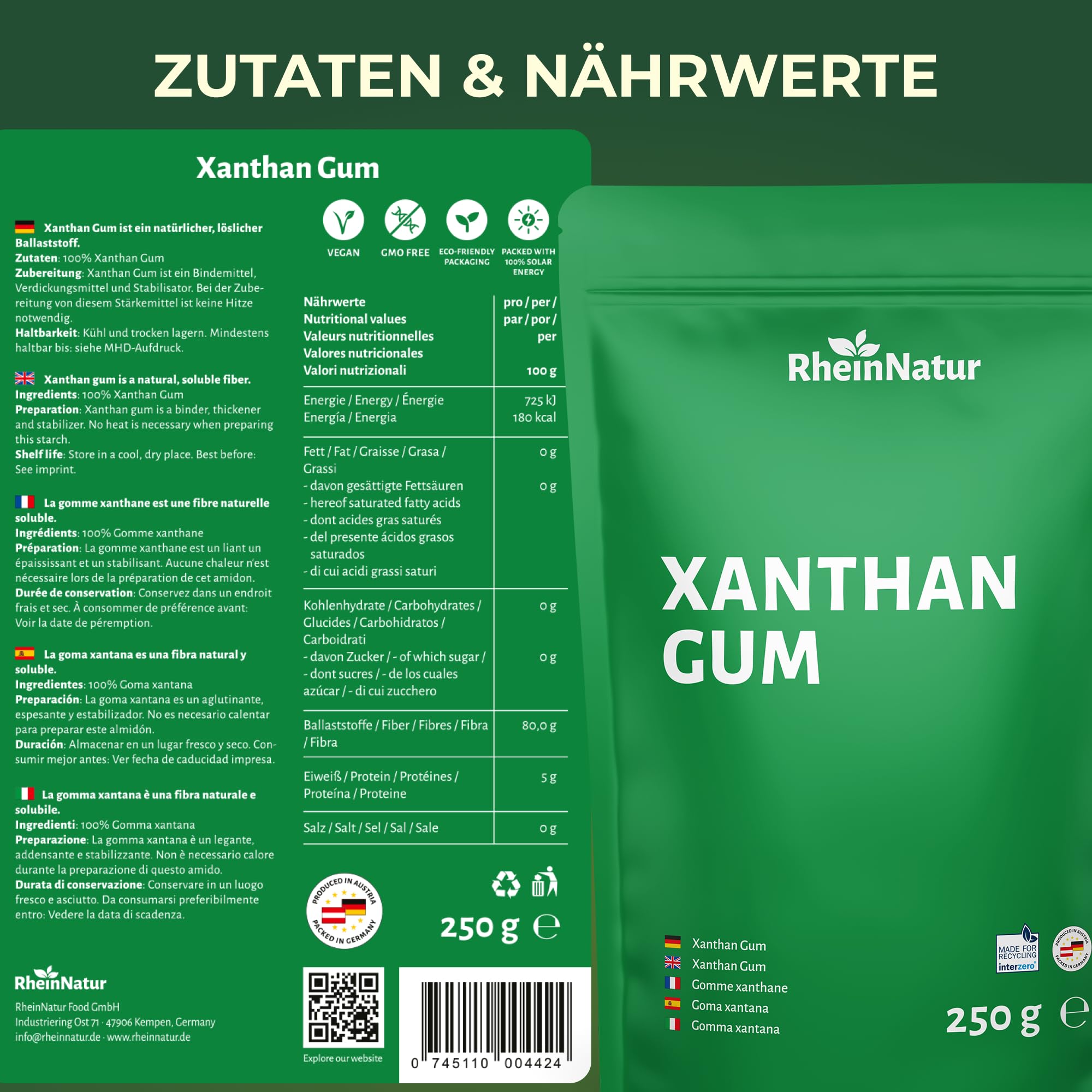 RheinNatur Guma ksantanowa w proszku 250 g – naturalny środek wiążący – stabilizator do lodów, zup, sosów – guma ksantanowa – środek zagęszczający – neutralny w smaku i wegański