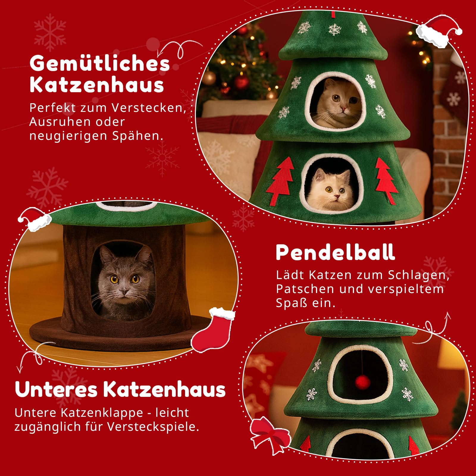 COMHOMA Kratzbaum 135 cm hoch, Weihnachtsbaum-Design, mehrstöckiger Katzenbaum mit Katzenhaus, mit Kratzsäulen Spielball Stabiler Kletterbaum für Katzen, grün