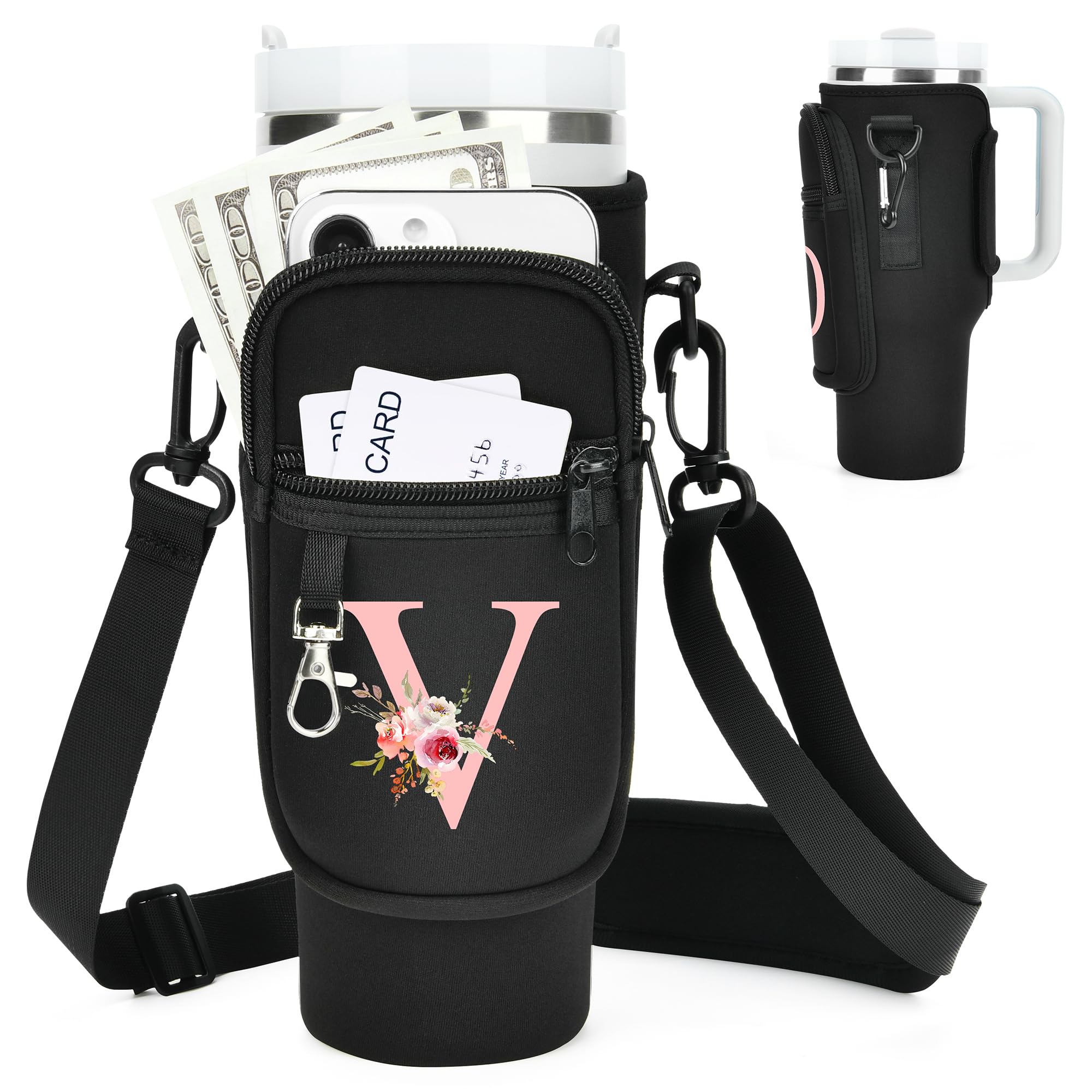 Initial Water Bottle Holder with Strap for Stanley Cup Accessories 40 oz Tumbler/Simple Modern Tumbler Bag, Water Bottle Carrier Bag with Strap for