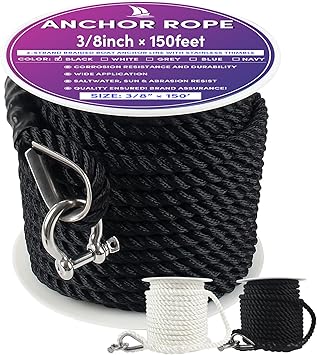 Anchor Rope 150 ft x 3/8 inch Black, 3 Strand Anchor Line Boat Rope with Stainless Steel Thimble & Shackle,Intended for Boats Up to 27