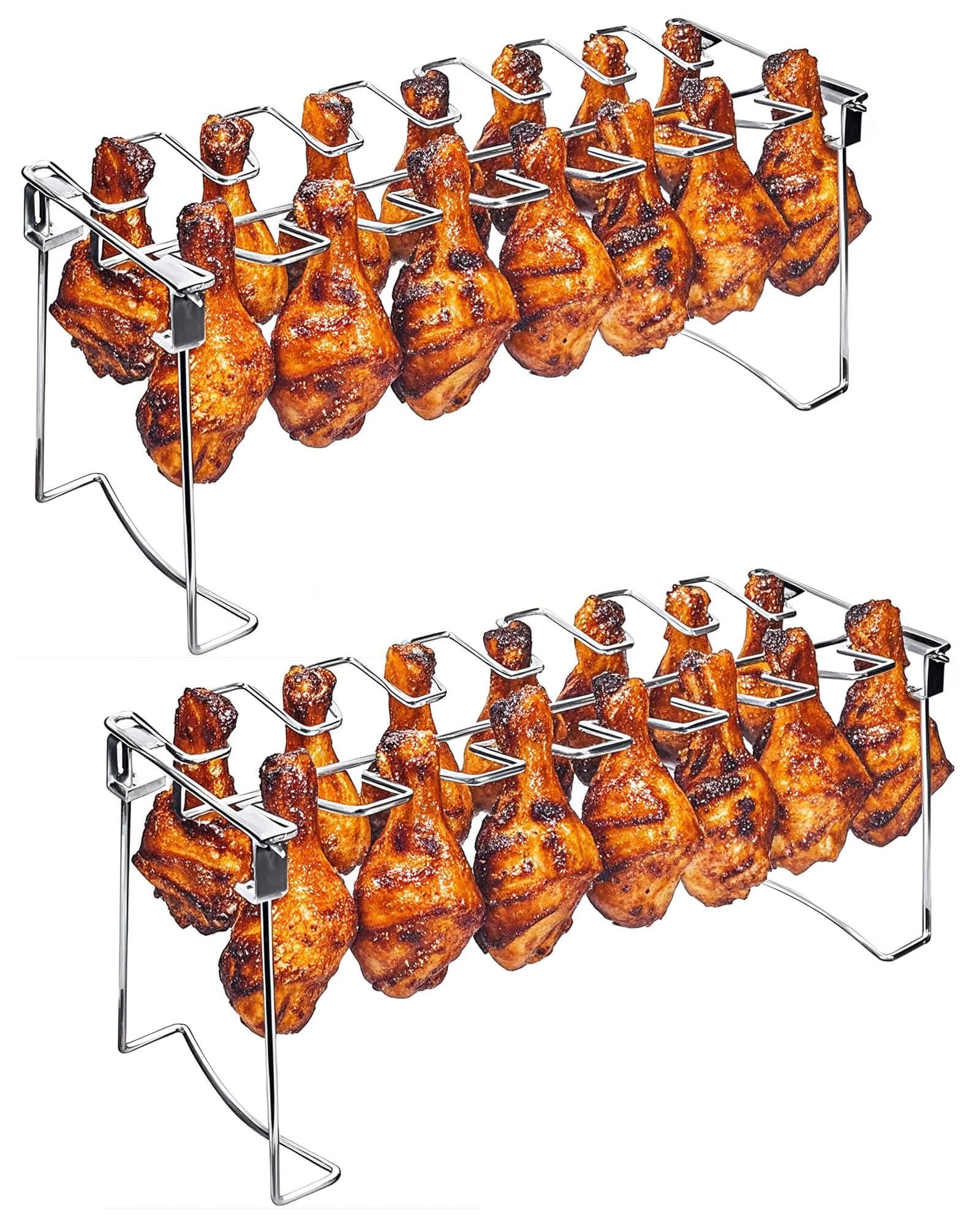 Perchero de patas de pollo para parrilla con 14 ranuras, juego de 2 piezas de acero inoxidable de grado profesional, soporte para muslos de pollo, estante de metal para ahumador, horno y
