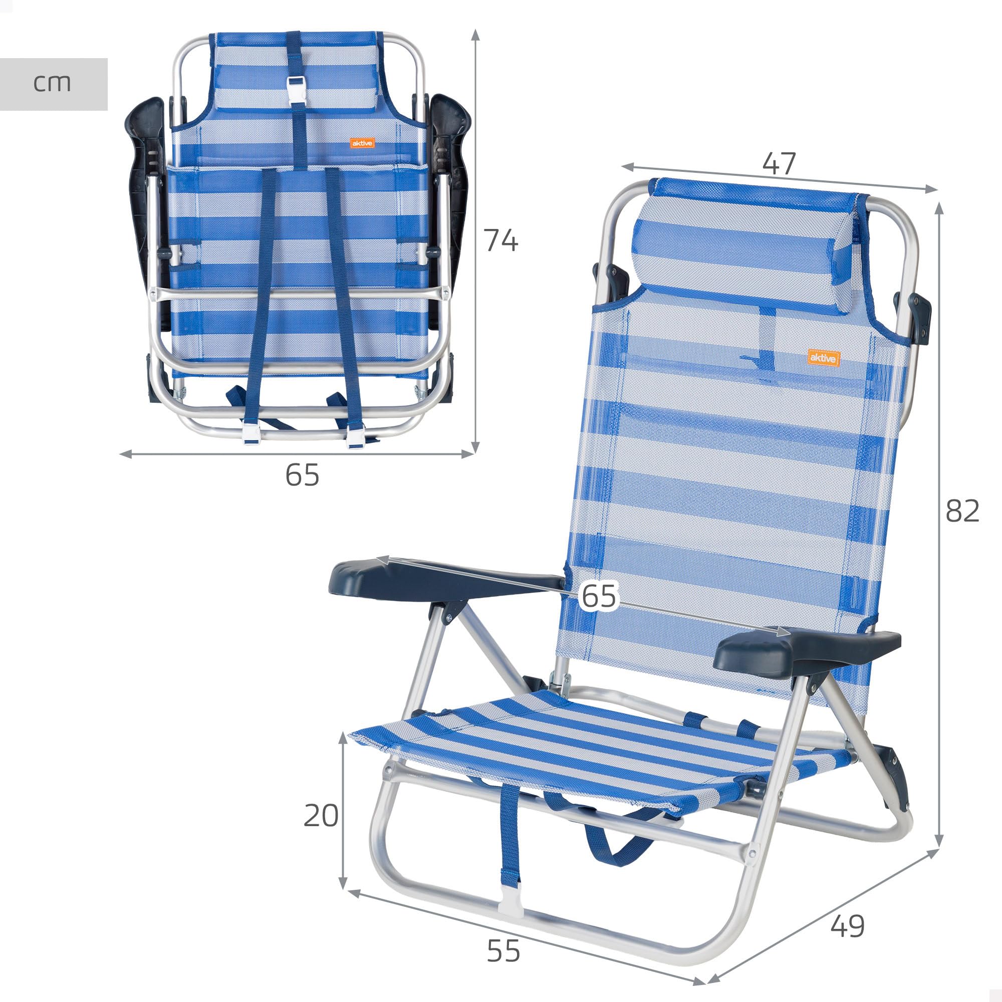 AKTIVE Chaise de Plage Pliable, à Rayures, textilène et Aluminium, 47 x 49 x 82 cm, 8 Positions, 110 kg, 2,52 kg