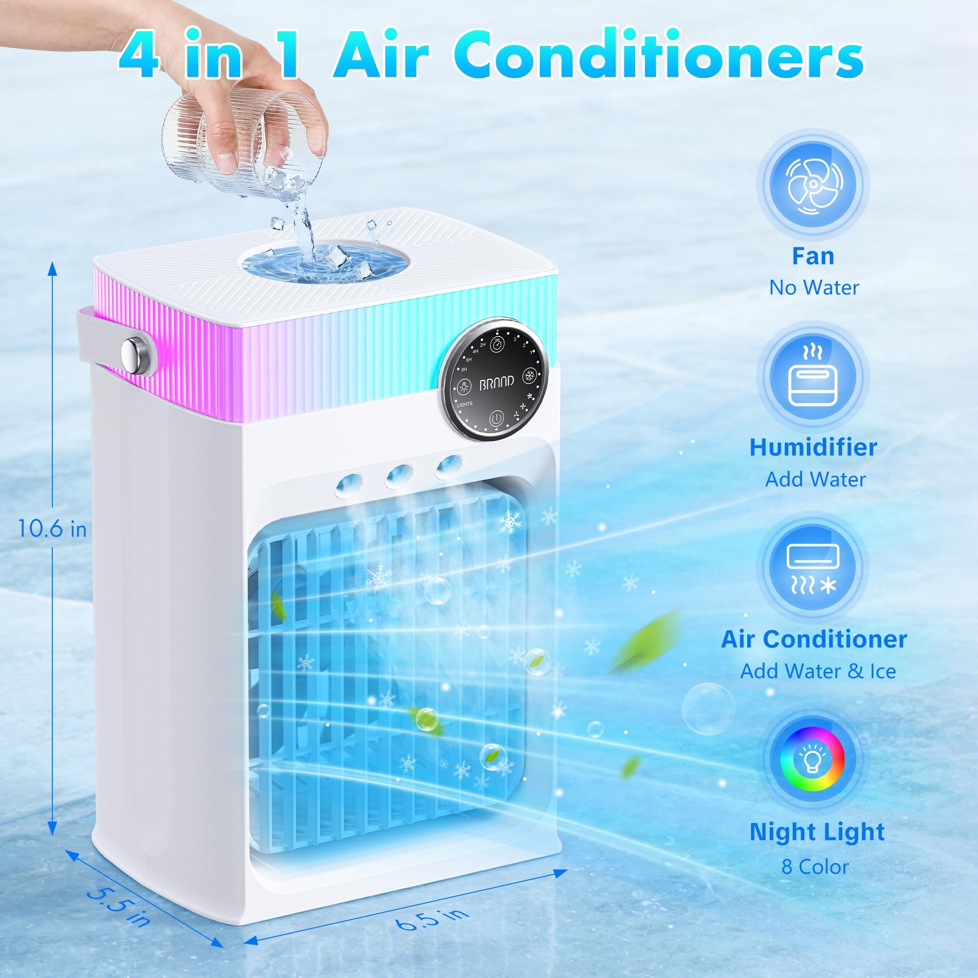 Condition photo showing New/Like New for portable air conditioners, mini portable ac unit for bedroom, 1200ml small cooling fan with remote, 3 mist, 3 speed, 8 light, 2-8h timer personal cooler fans for office camping car desk(white)