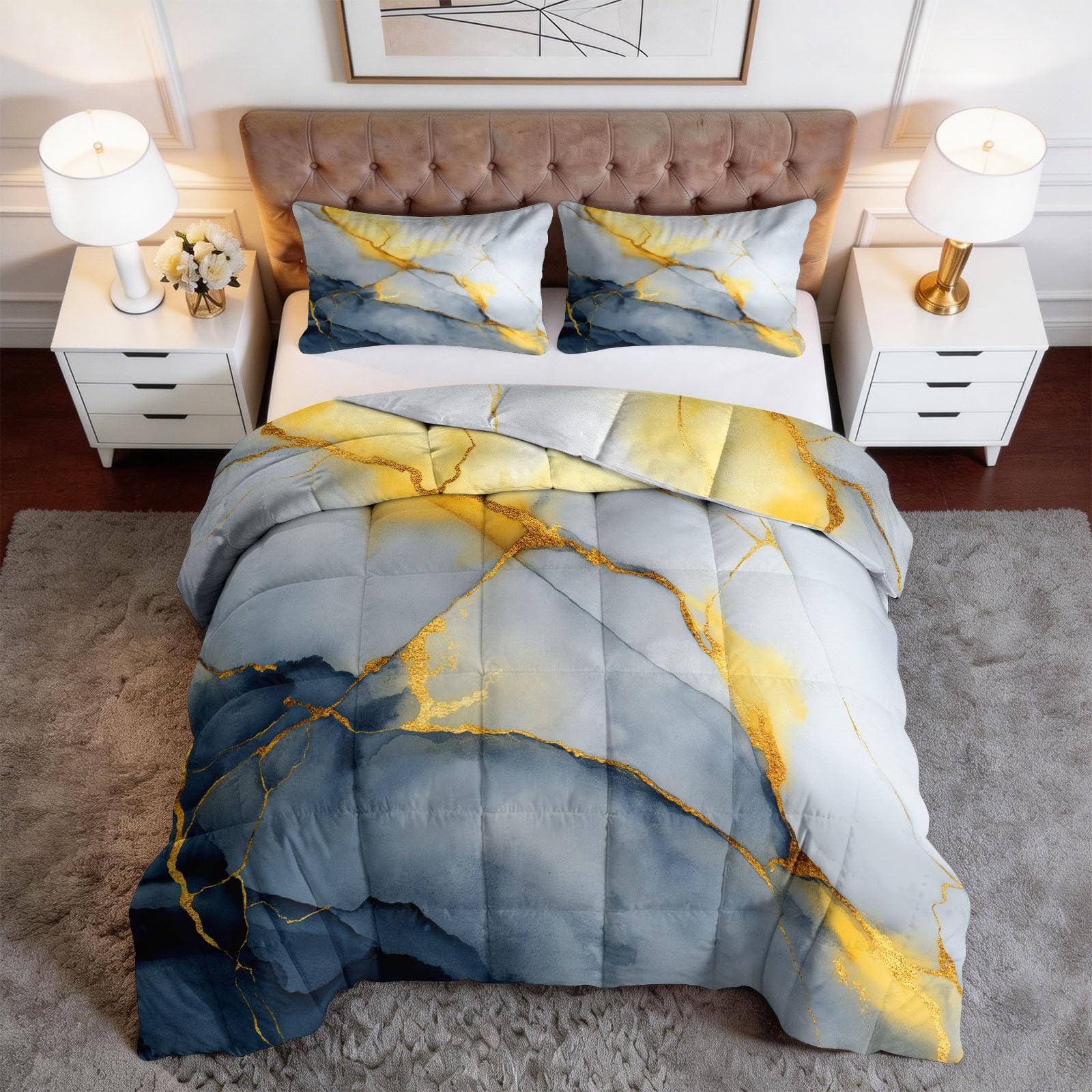 Generico Piumone Invernale Matrimoniale 220 x 240 cm Astratto Texture Marmo Trapunta in Ecopiuma 400 gr/mq, Caldo ed Elegante – Biancheria da Letto Anallergica e Traspirante – Set 3 Pezzi, Grigio