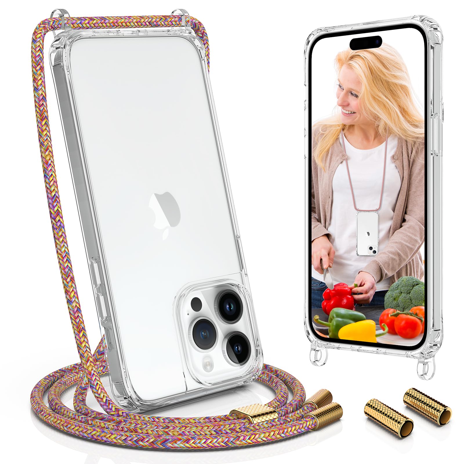 Knrlqim Cover per iPhone 14 Pro con Cordino, Trasparente Custodia con Laccio Collana Tracolla Collo Corda Regolabile,Ultra Sottile Morbido Silicone Antiurto Case Protettiva per iPhone 14 Pro,Oro rosa