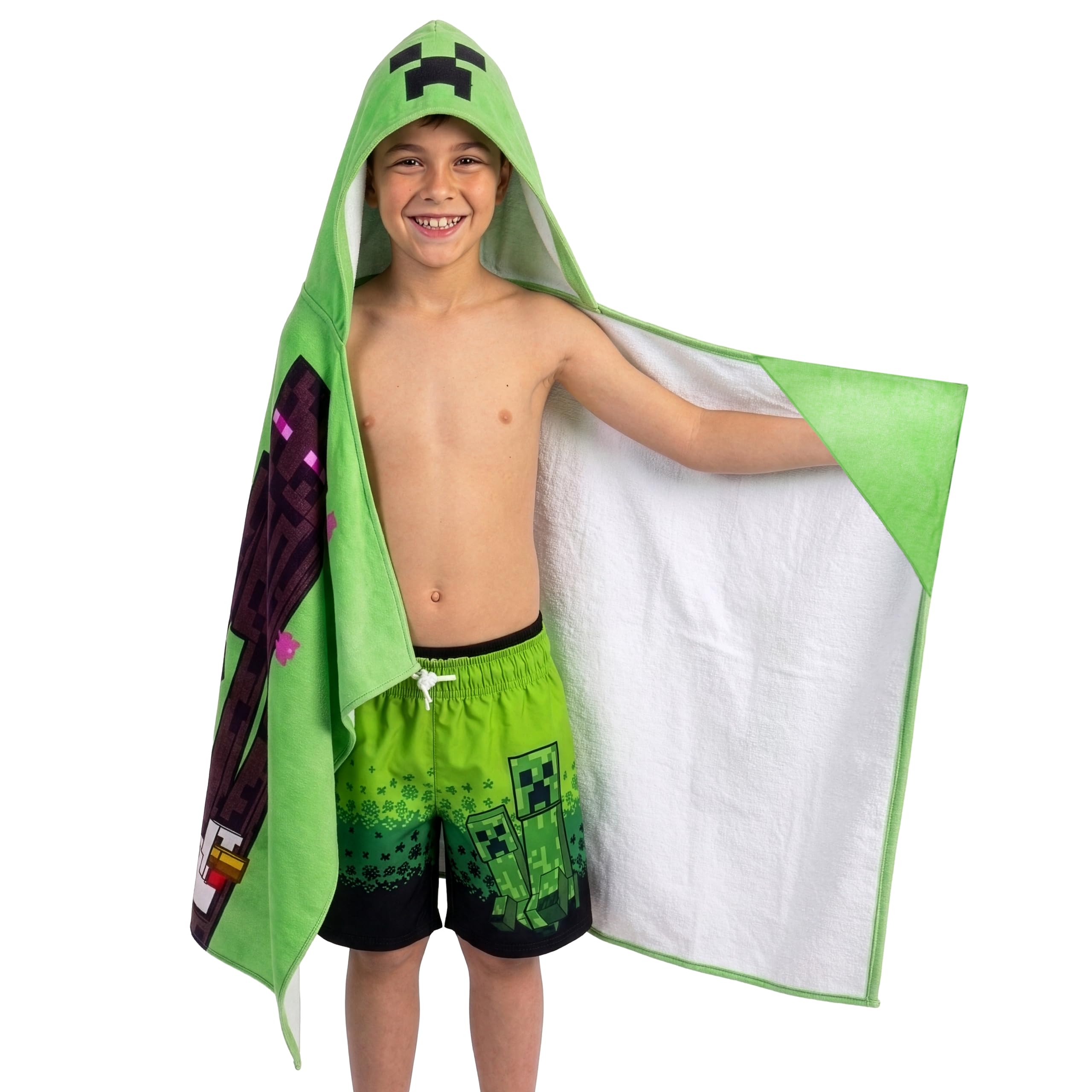 Minecraft Asciugamano Bambini Mare, Accappatoio Poncho con Cappuccio Creeper, Telo Mare Cotone bambini per piscina o spiaggia, taglia unica
