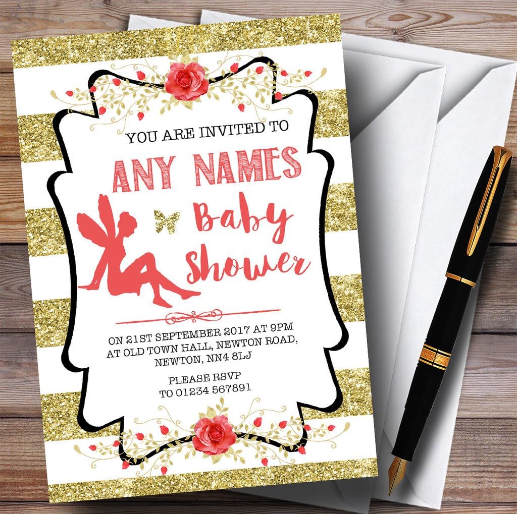 Gold Stripes Fairy Invitations Baby Shower Invitations