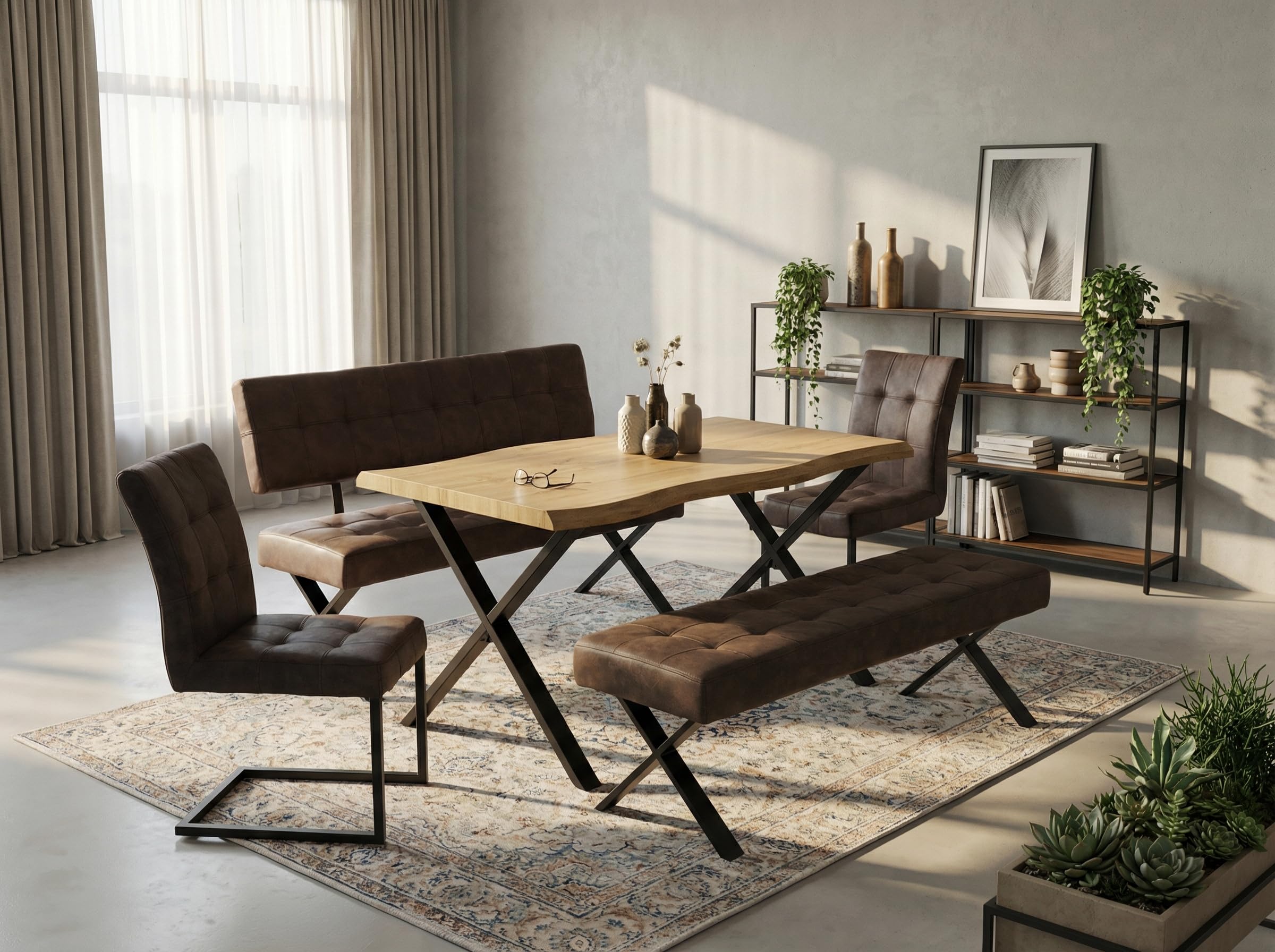 Hela Tische, Sitzbank Esszimmerbank Donna, mit Lehne, Bezug Softex Vintageoptik Braun, X-Metallgestell Anthrazit, 140x61x93 cm