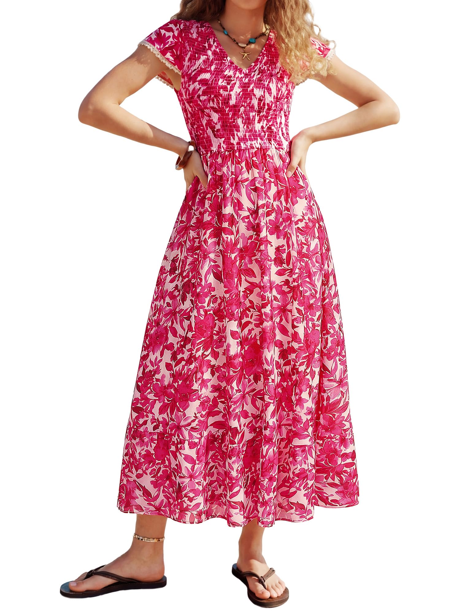 Kate Kasin Women's Rose Red Floral Flowy Boho Dress Elastic Smocked Casual Dress Ruffled Short Sleeve Sundress L