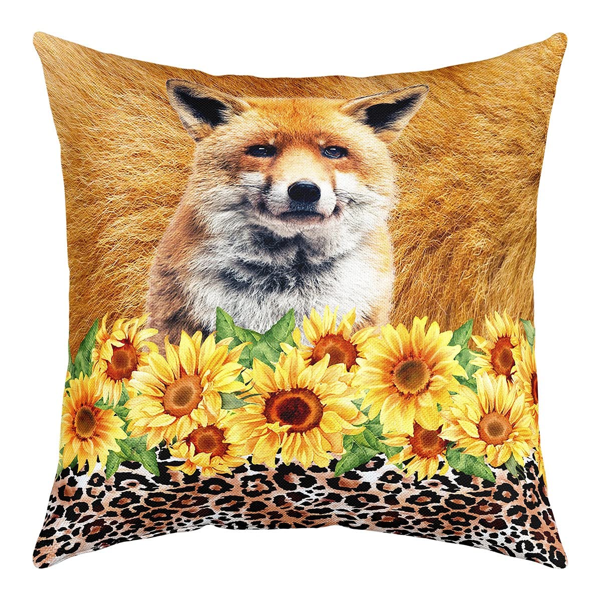 Homemissing Juego de 4 fundas de almohada decorativas de zorro, suaves, rústicas, de granja, girasol, leopardo, cuadradas, para sofá, dormitorio, vida silvestre, fundas de almohada de 20 x 20 pulgadas