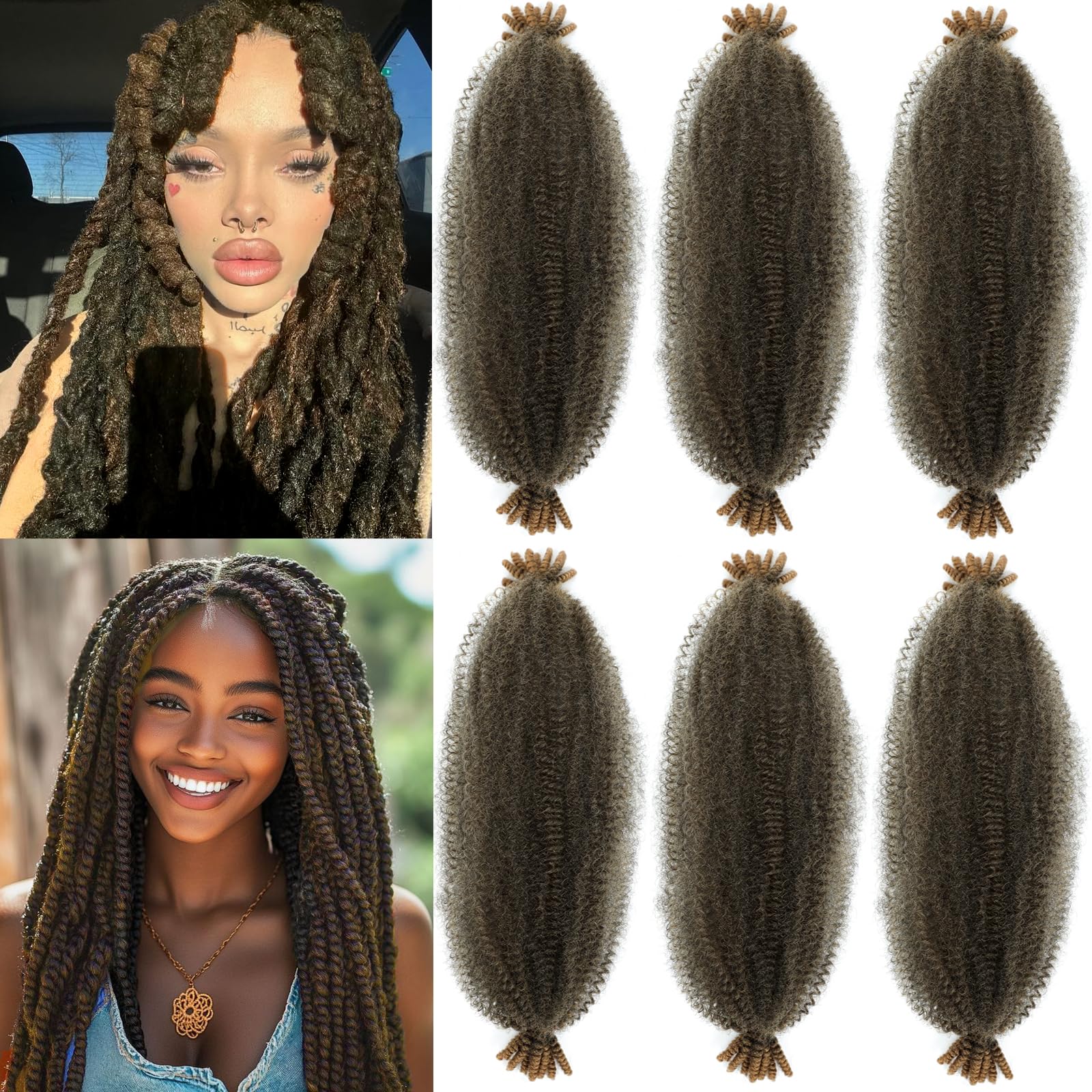 Spring Afro Twist Hair, 16 Inch Springy Marley Twist Braiding Hair Pre-Separated 6 Packs Spring Twist Afro Kinkys Bulk Hair for Soft Locs Crochet Hair
