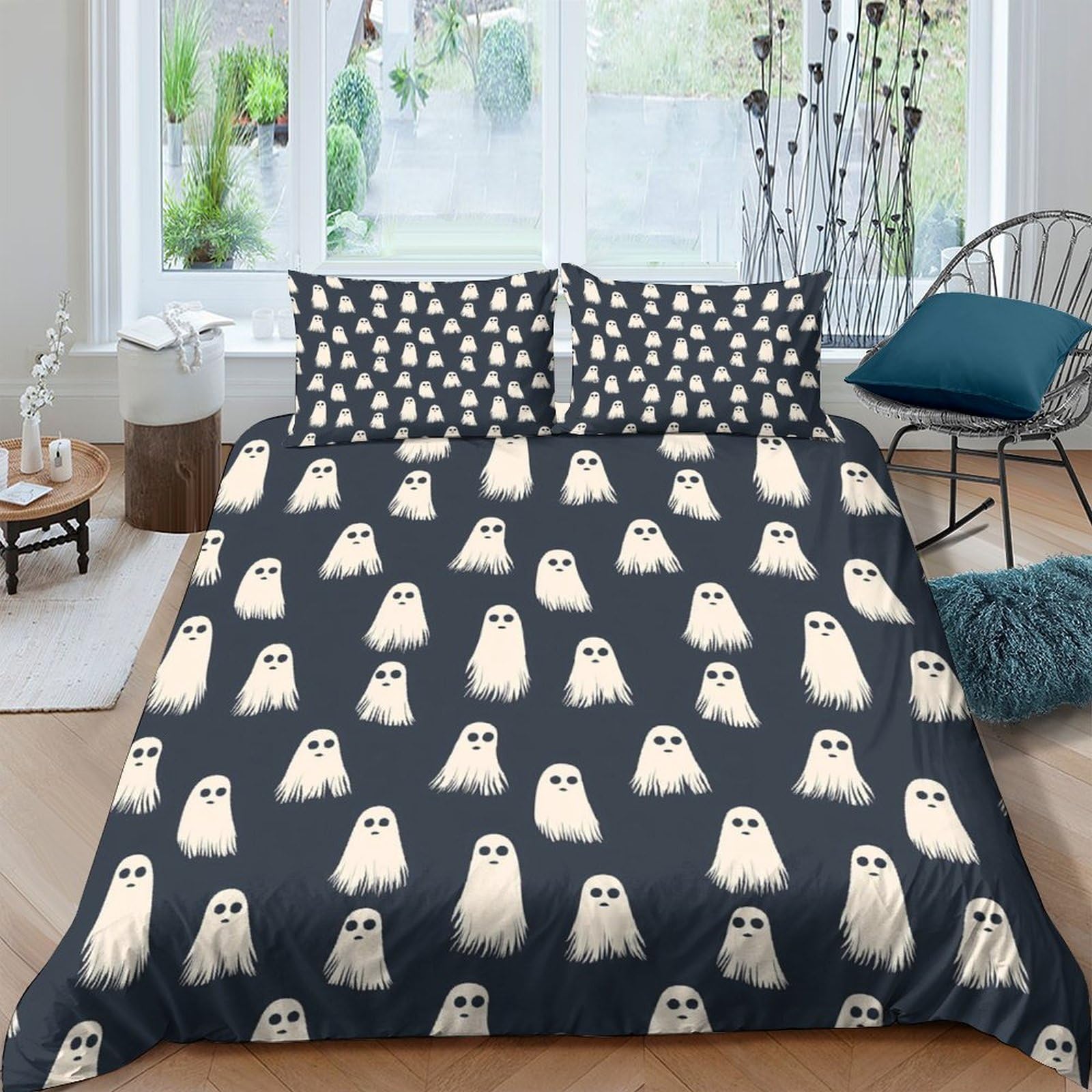 P5V6M1Q9 3D Printed Ghost Pattern Duvet Cover Microfiber Dark Bedding Set with 2 Pillowcases for Bedroom Decor Single（135x200cm）