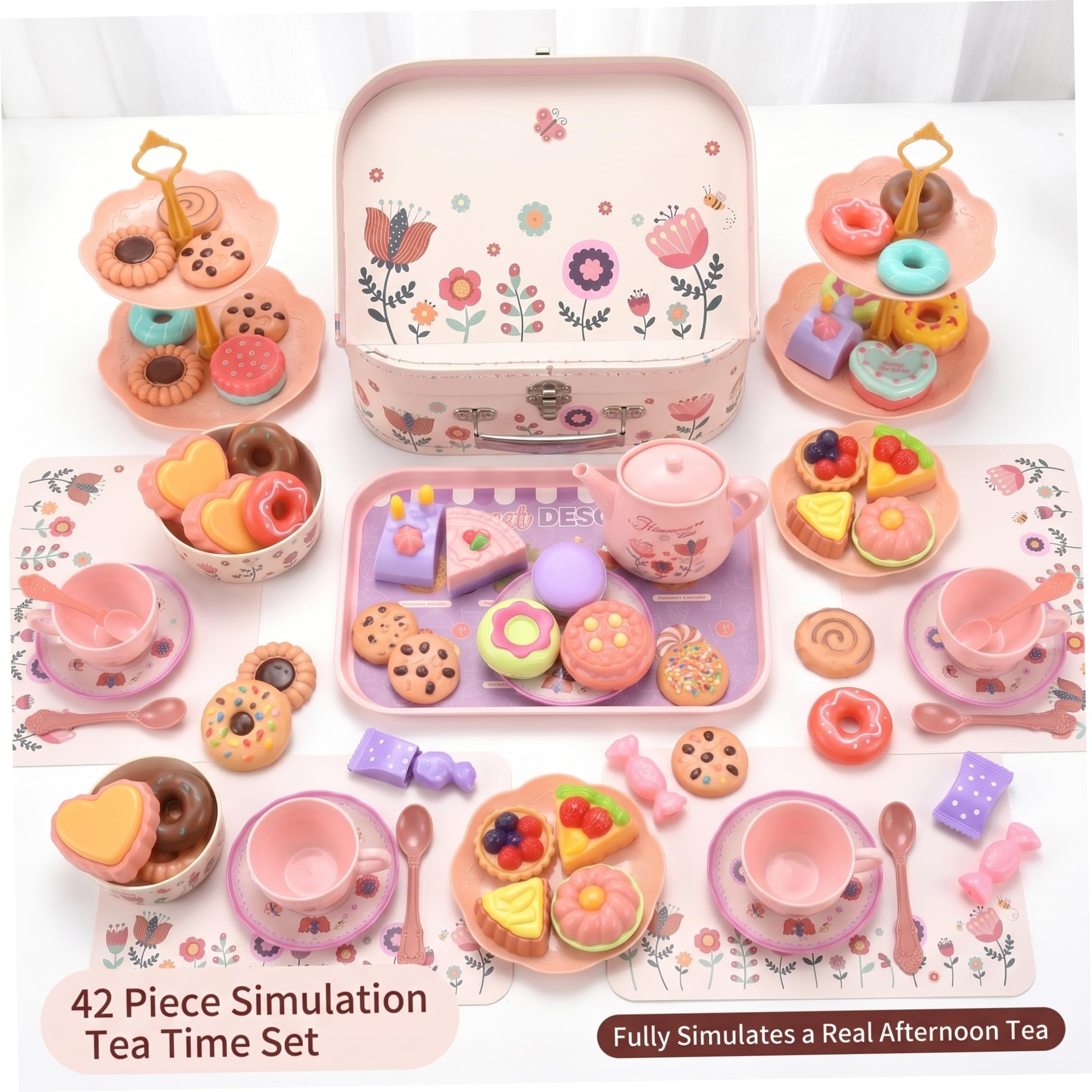 Service à thé Jouet, 42 pièces, Ensemble de thé pour Enfants, Filles avec des Motifs Arc-en-Ciel, Jouet de Simulation en Plastique sûr avec boîte Transport, à partir 3 Ans
