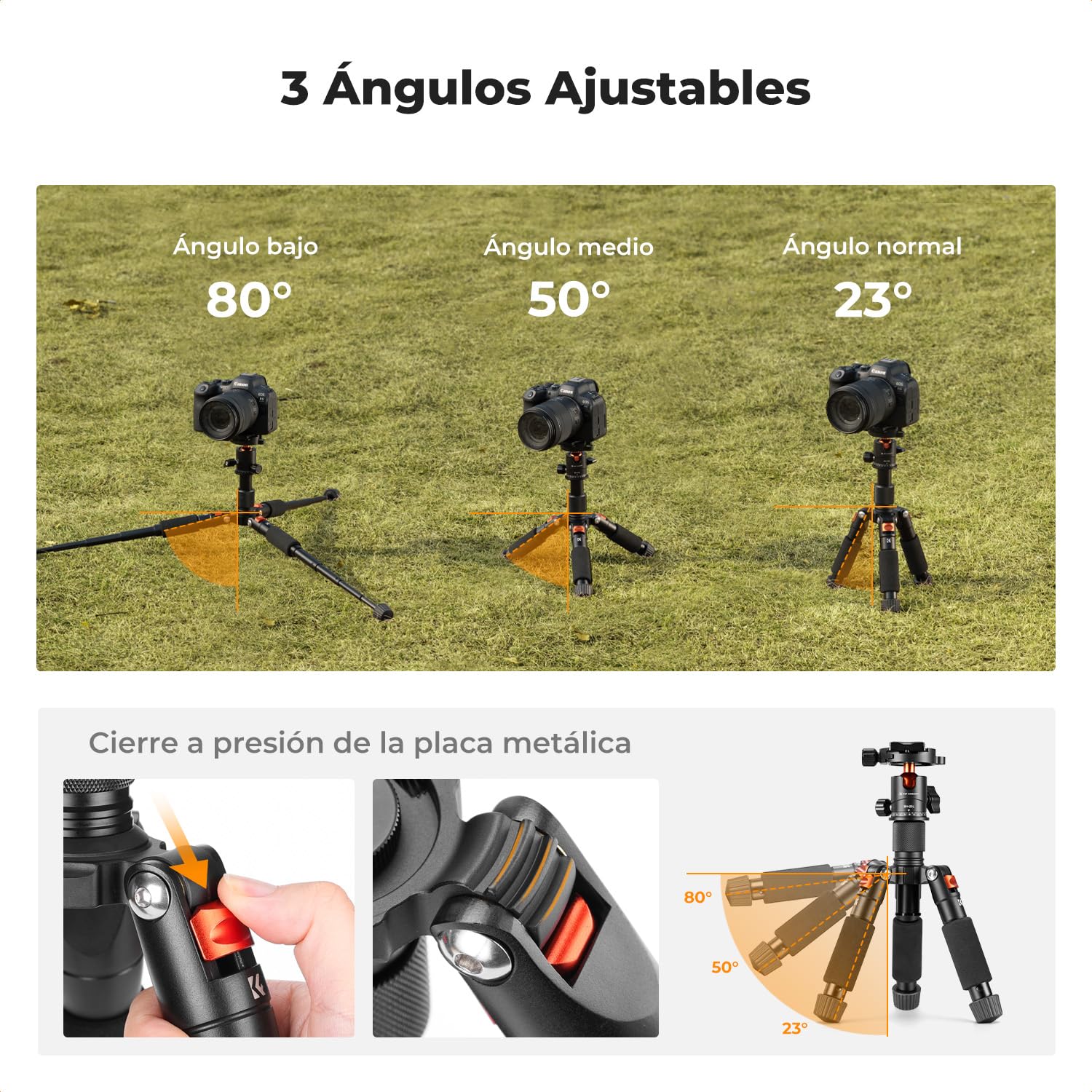 K&F CONCEPT Mini Trípode Portátil S225A0+BH-25L Trípode de Sobremesa 50cm para DSLR, Cámara Réflex Digital, Teléfono Móvil, con Clip para Teléfono y Placa de Liberación Rápida de 1/4 ''