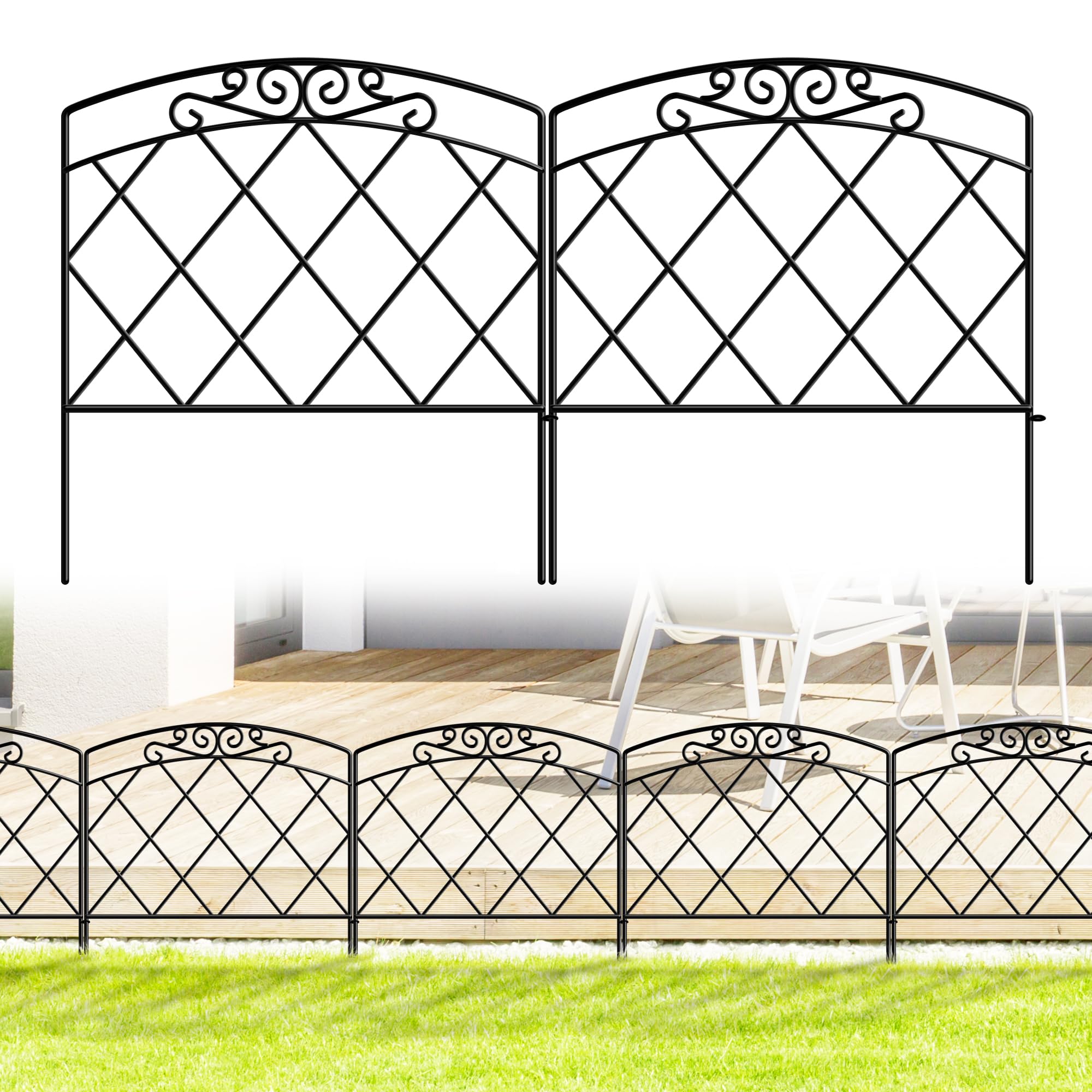 ARIFARO Garden Fence 61cm H x 56cm W, Total Length 2.8m, 5 Panels Decorative Rustproof Metal Fence No Dig Outdoor Border Fence for Yard,Black