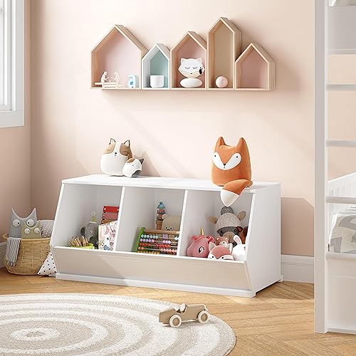 Miniatura 9 de UTEX Armario apilable de almacenamiento de juguetes, organizador de cubos de madera, estante blanco para sala de juegos, dormitorio, sala de estar,