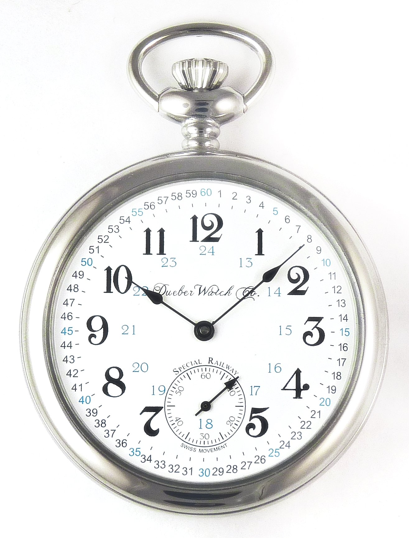 Dueber Special Railway Swiss Mechanical Pocket Watch High Polish Chrome Open Face Case - USA!