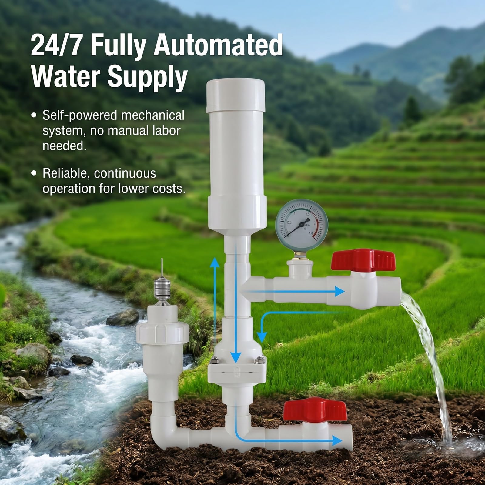 Hydraulische Rammwasserpumpe, netzunabhängige wasserbetriebene Pumpe für die Bergbewässerung, kein Strom oder Kraftstoff erforderlich, auto Hammerpumpen mit hohem Hub(Inlet 1'' Outlet 3/4'')