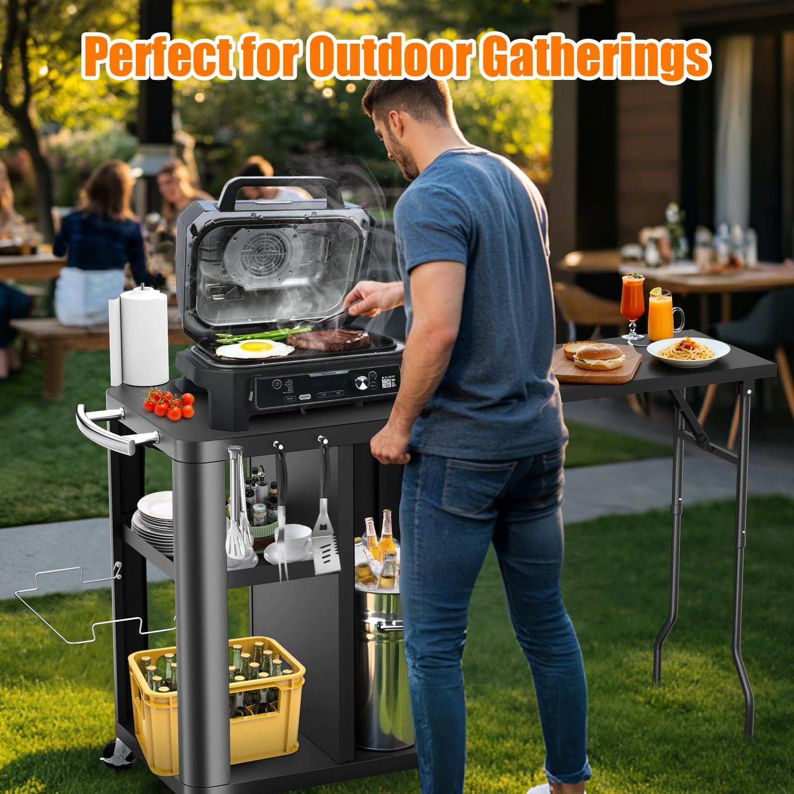 GFTIME Carro de barbacoa, mesa de barbacoa con mesa auxiliar plegable, cocina al aire libre con ganchos, estante de almacenamiento y armario, carrito de servir con ruedas, cocinas al aire libre, 143 x