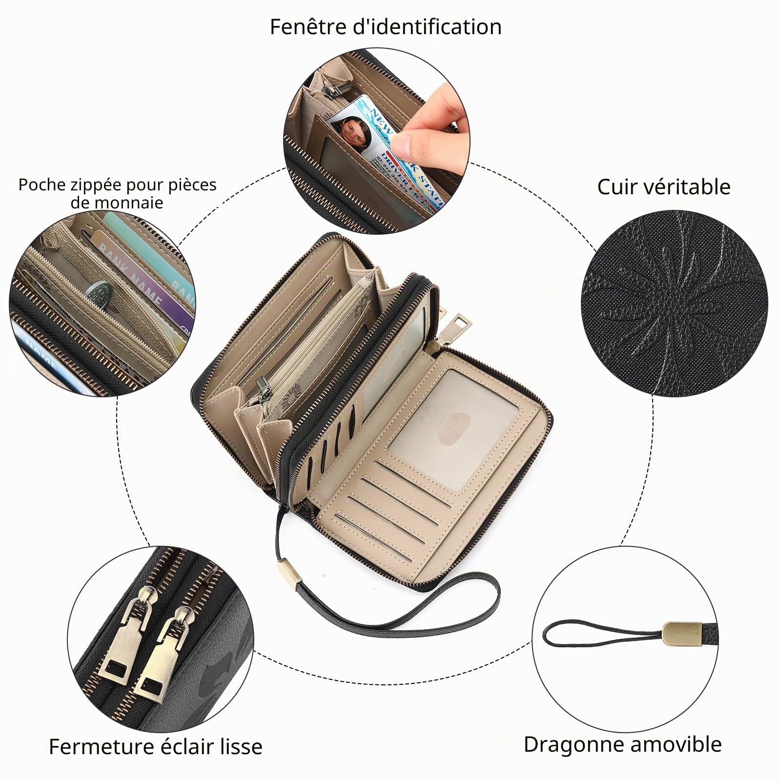 GOIACII – Portefeuille en cuir pour femmes avec blocage RFID, taille moyenne, double fermeture éclair, porte-cartes de crédit avec 10 fentes pour cartes et bracelet, A01-noir., M, Classique