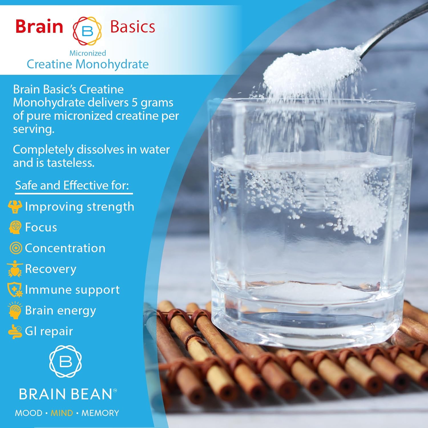 Brain Bean 500mg Unflavored Micronized Creatine Monohydrate Powder Helps Boost Energy for Brain Health - Non-GMO, Gluten-Free Creatine Powder Supports Muscle Health (Made in USA)