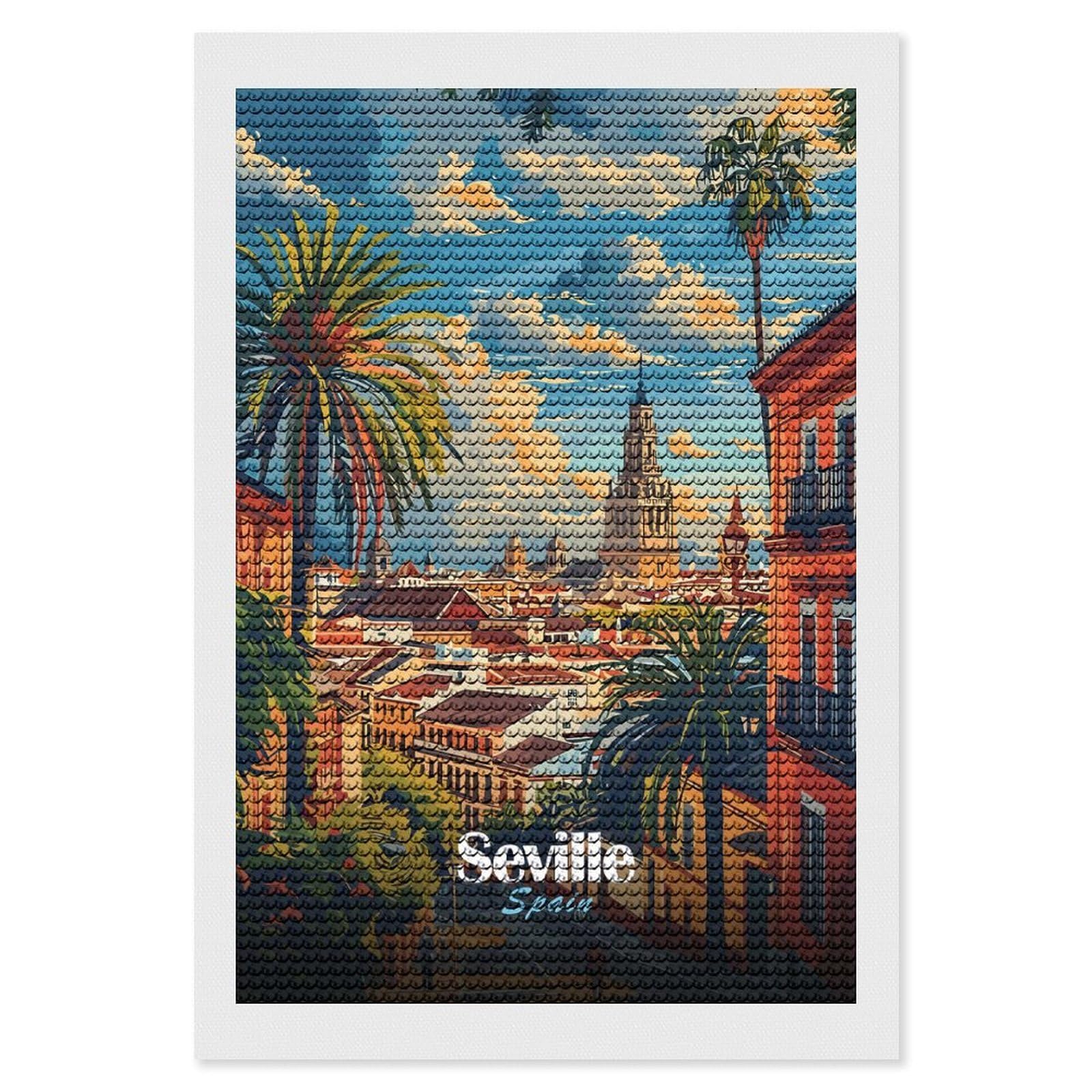 Junmoney Seville Cityscape Diamond Painting Canvas Set 8"x12", for Women, Mindful Craft Activity, Cosy Home Accent, Festive Craft Gift