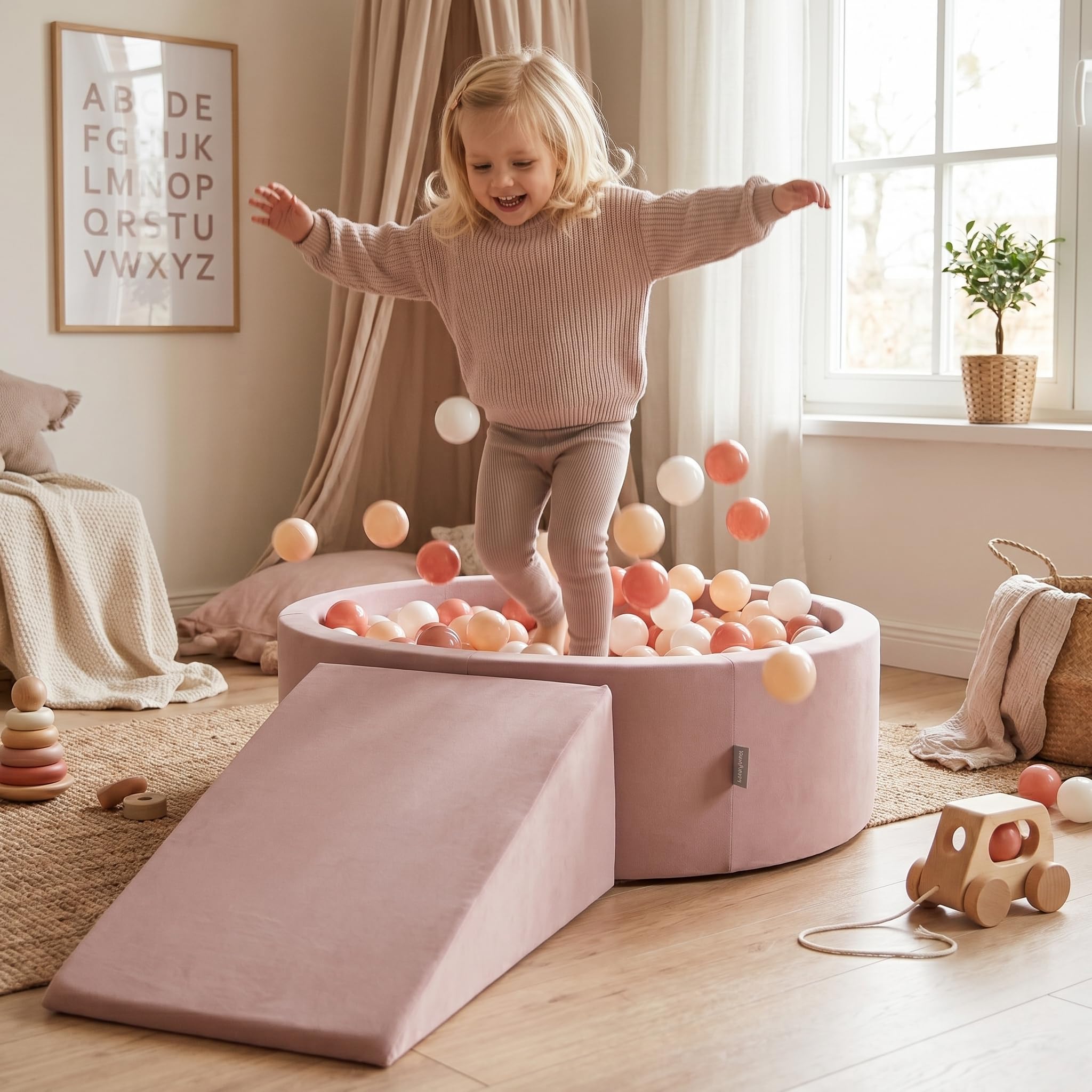 KiddyMoon Area Giochi in Schiuma con Piscina di Palline 90x30cm e Rampa 100 Palline 7cm per Neonati e Bambini - Grigio Chiaro: Giallo Verde Blu Rosso Arancione