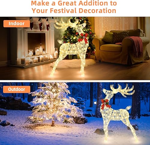 Miniatura 6 de Tangkula Reno de Navidad iluminado, decoración de Navidad para patio al aire libre con 50 luces LED, decoración navideña artificial con estacas y