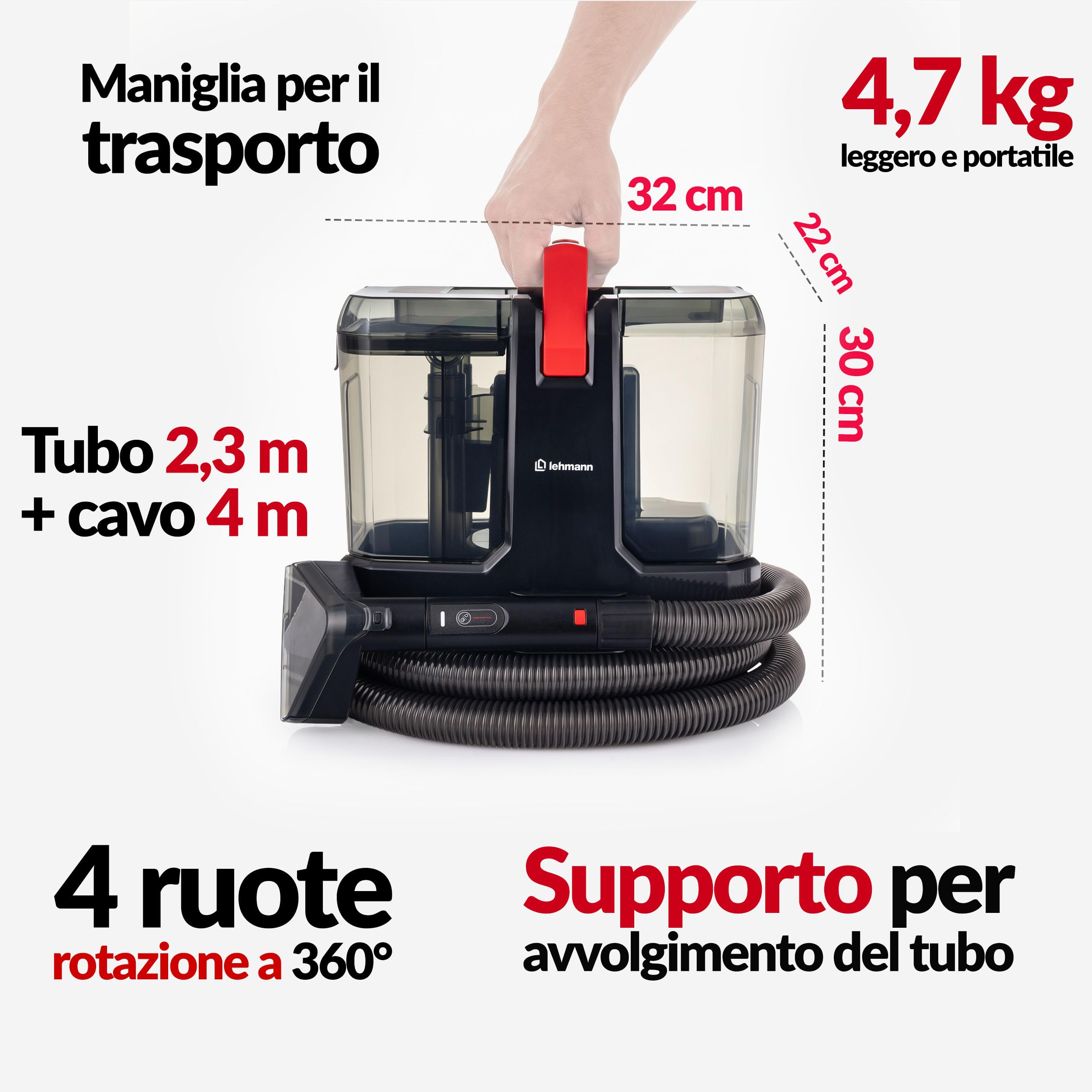 LEHMANN SteamWash 1800 Lavatappezzeria e Pulitore a Vapore 4 in 1, Lavatappeti e Divani con Acqua Calda 60°C e Vapore 116°C, Pulitore Tappeti, Pulitore Divano, Lava e Aspira, Aspirazione 16 kPa