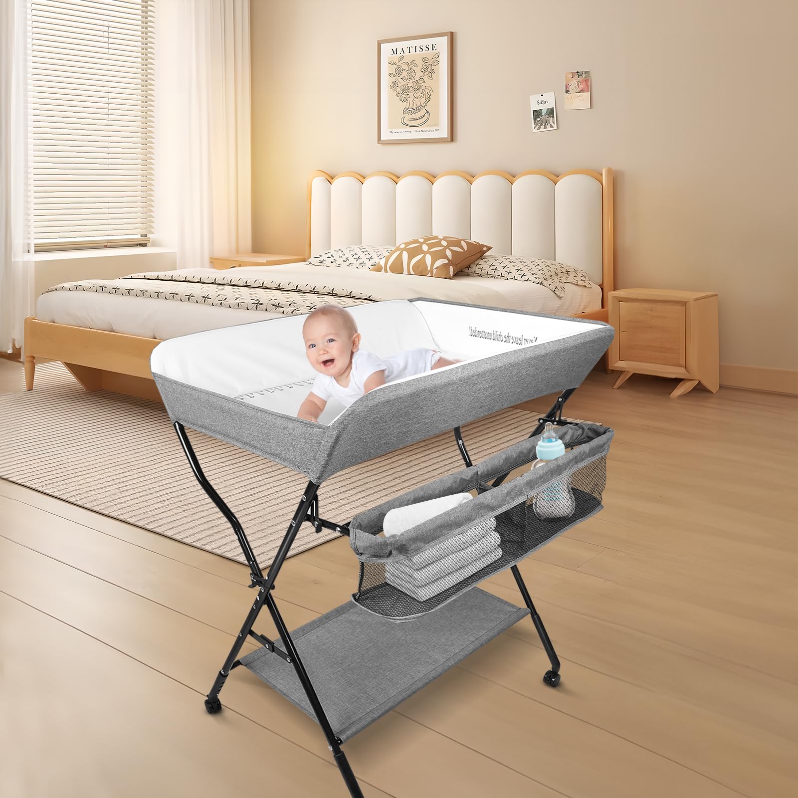OHMG Fasciatoio Pieghevole Fasciatoio Portatile con Cintura di Sicurezza e Scomparti Portaoggetti,Tavolo Cambio Pannolini Multifunzionale Portatile per Bagnetto Neonati,4 ruotes