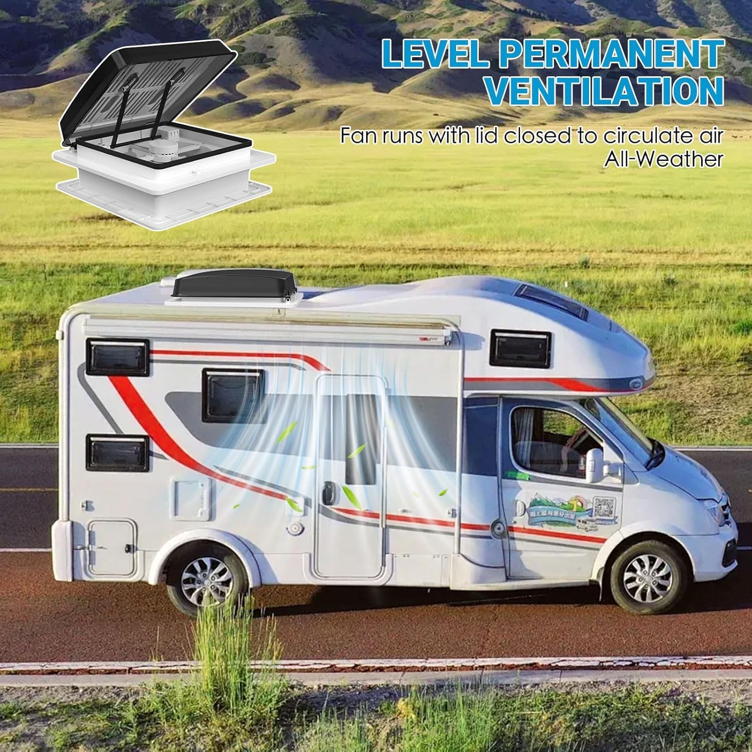Ventilador de techo para caravanas, homologado 43R Claraboya, Nivel de ruido ultra bajo de escape reversible con sensor de lluvia, ventilador permanente de nivel automático para autocaravana