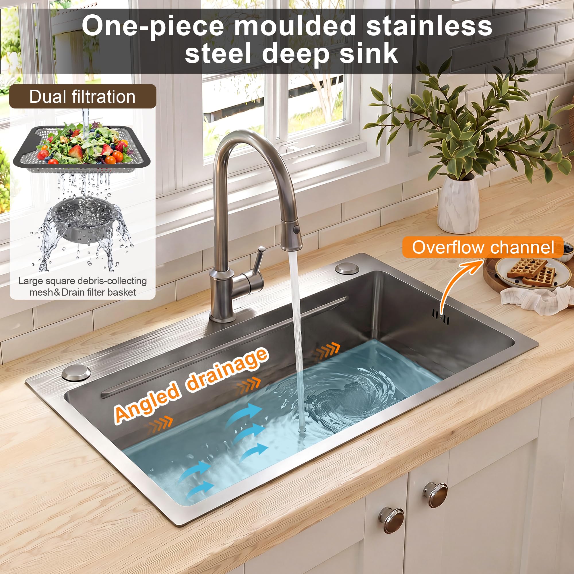 75 x 45 cm Fregadero empotrable de acero inoxidable con tabla de cortar, lavabo adicional y cesta colador, fregadero de cocina recubierto de PVD, construcción silenciosa, desagüe cascada y 3 orificios