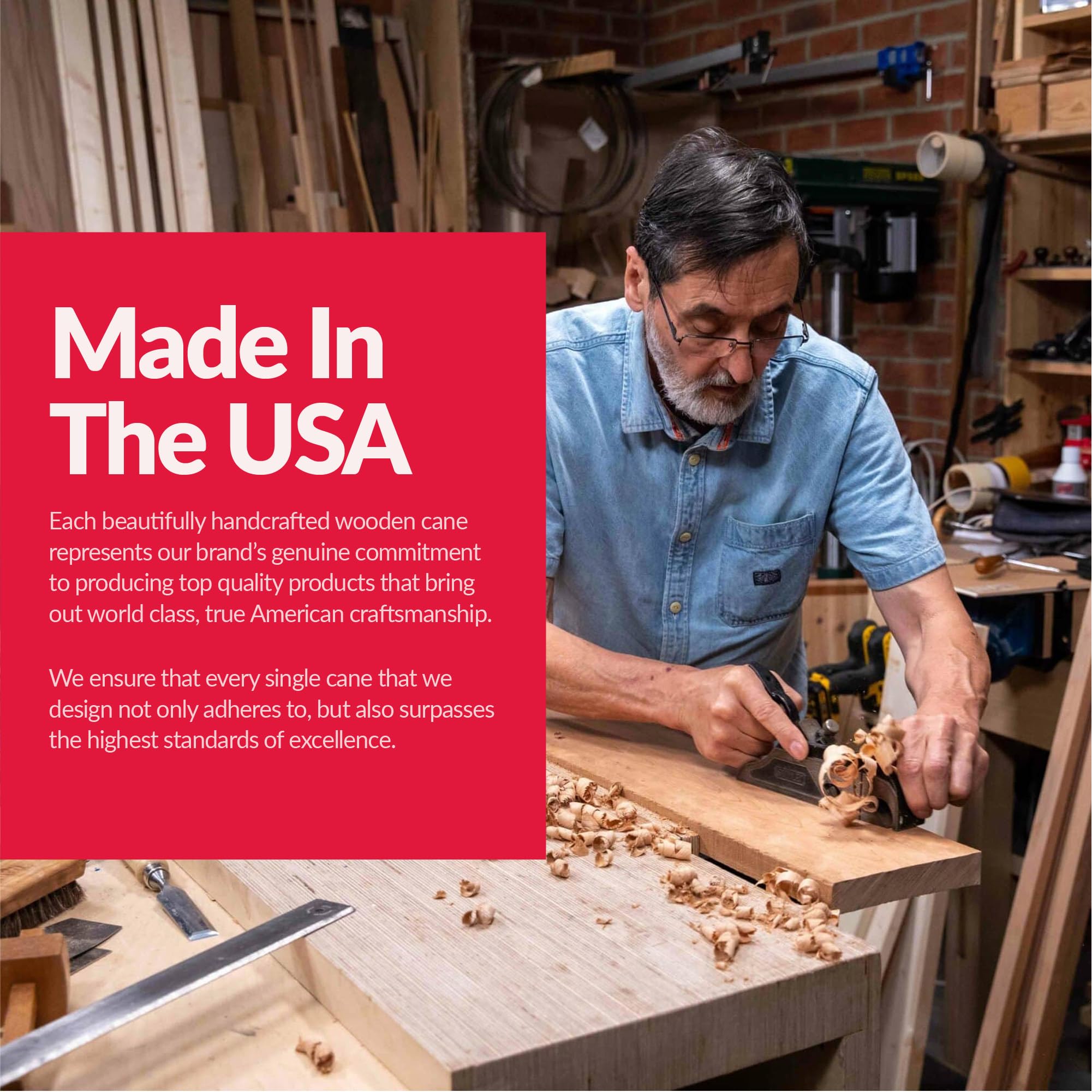 Cane Masters Handgefertigter klassischer amerikanischer Gehstock aus Holz, sehr langlebig, amerikanisches Hickory-Holz, ergonomischer Griff und Körpergriff, rutschfeste Gummispitze aus Holz