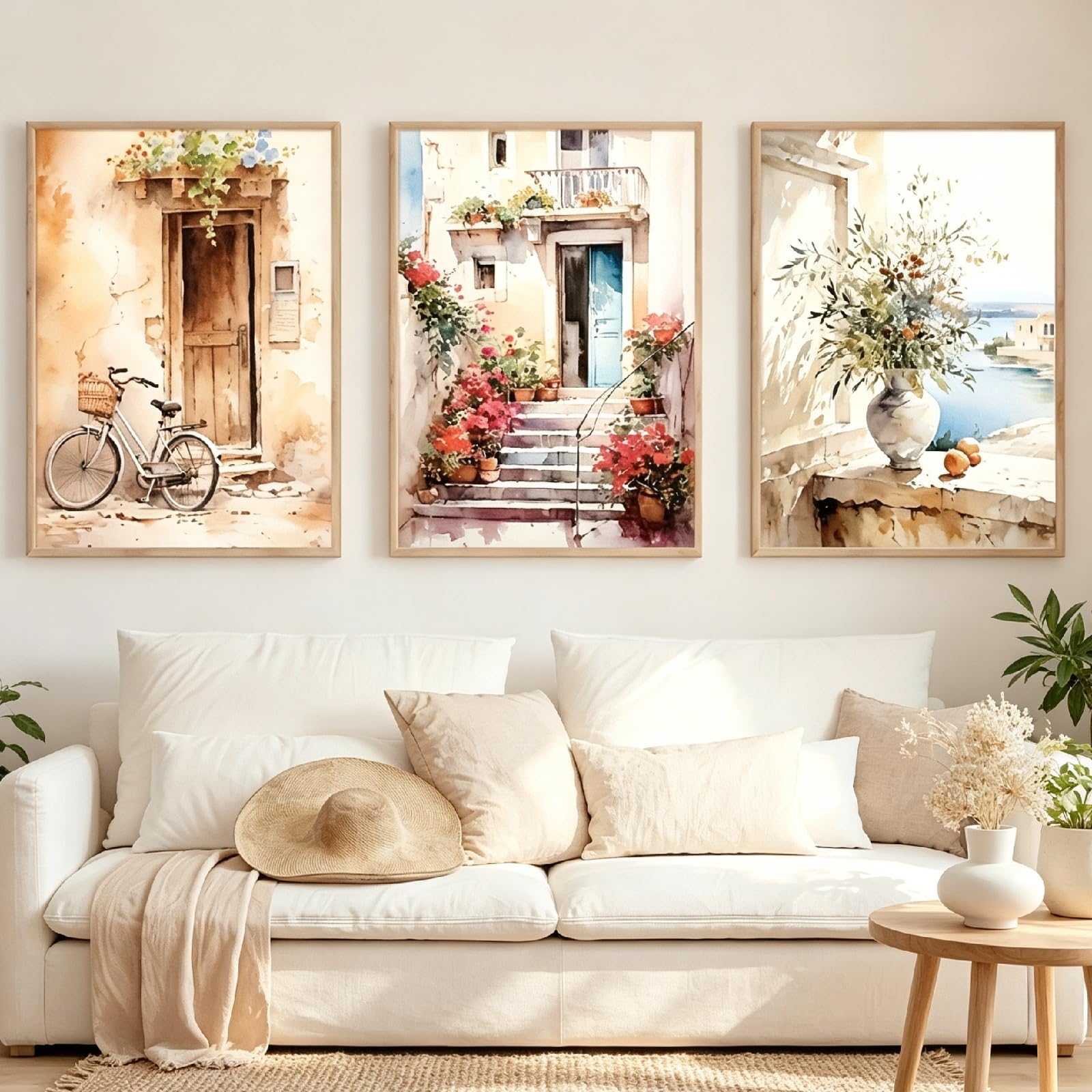 ZBELLO Set of 3 Posters, Watercolor Mediterranean Village Canvas Wall Art, Frameless Coastal Bike and Olive Branch Prints for Kitchen Dining Room Home Decor (21 x 30 cm (unframed))